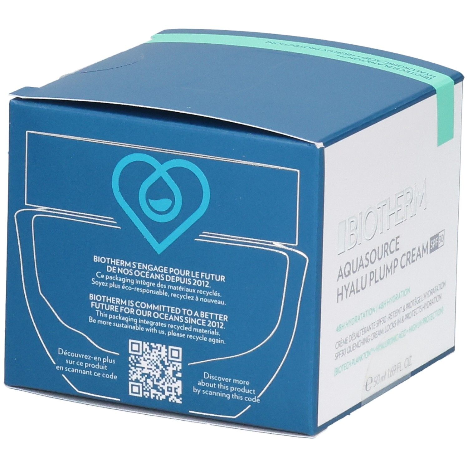 Rückseite der blauen Schachtel. BIOTHERM-Logo, Text, QR-Code und Herz-Tropfen-Symbol. Recycling-Hinweis.