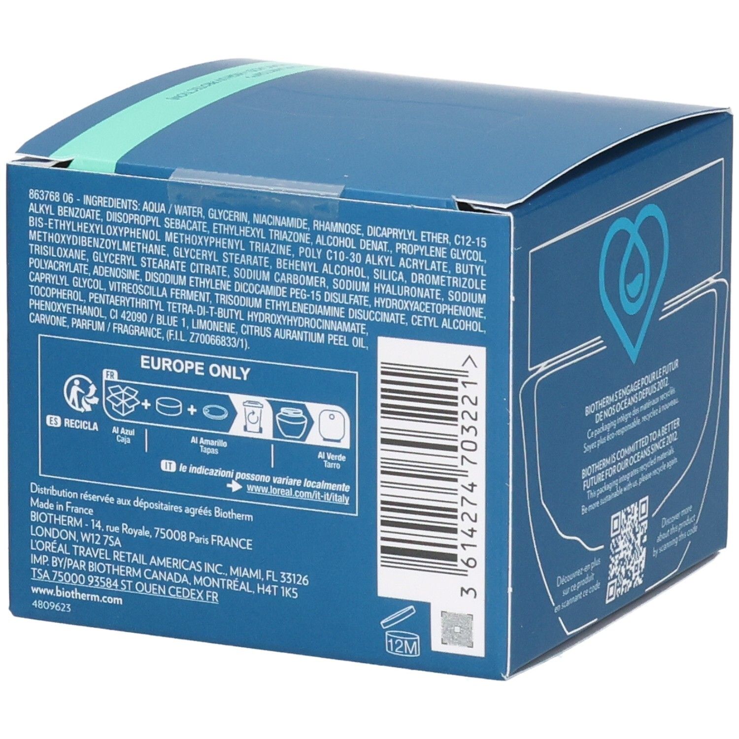 Blaue Schachtel mit Inhaltsstoffen, Text und Recycling-Symbolen. Hergestellt in Frankreich. 12M-Symbol.