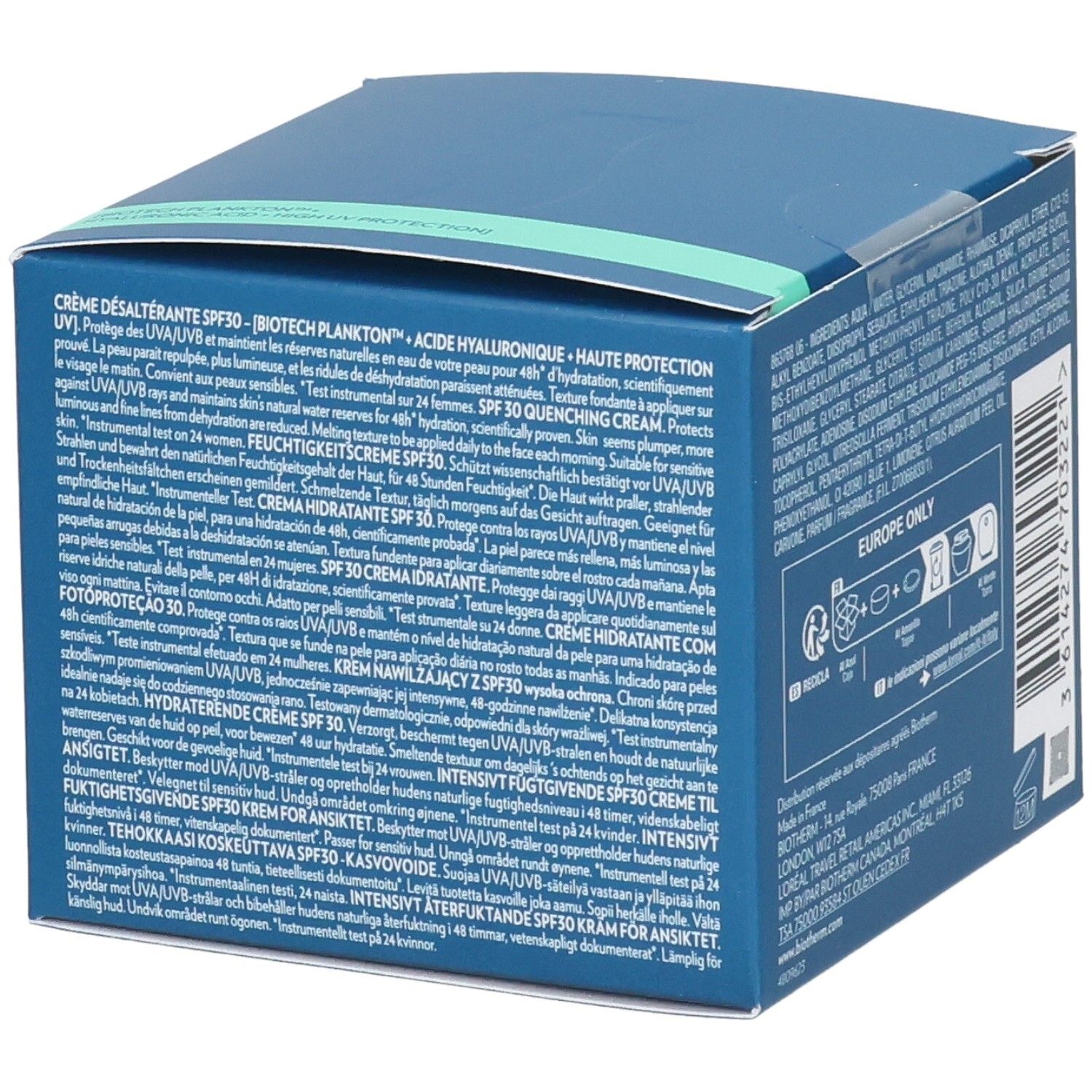 Blaue Schachtel mit Text in mehreren Sprachen. Produktinformationen und Anweisungen.