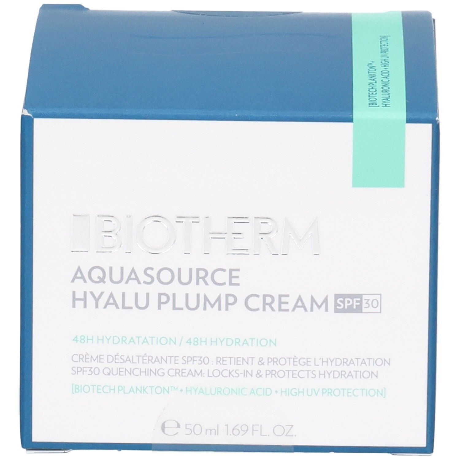 Blaue und weiße Schachtel mit BIOTHERM Aquasource Hyalu Plump Cream SPF 30. Grüner Streifen. 50 ml.