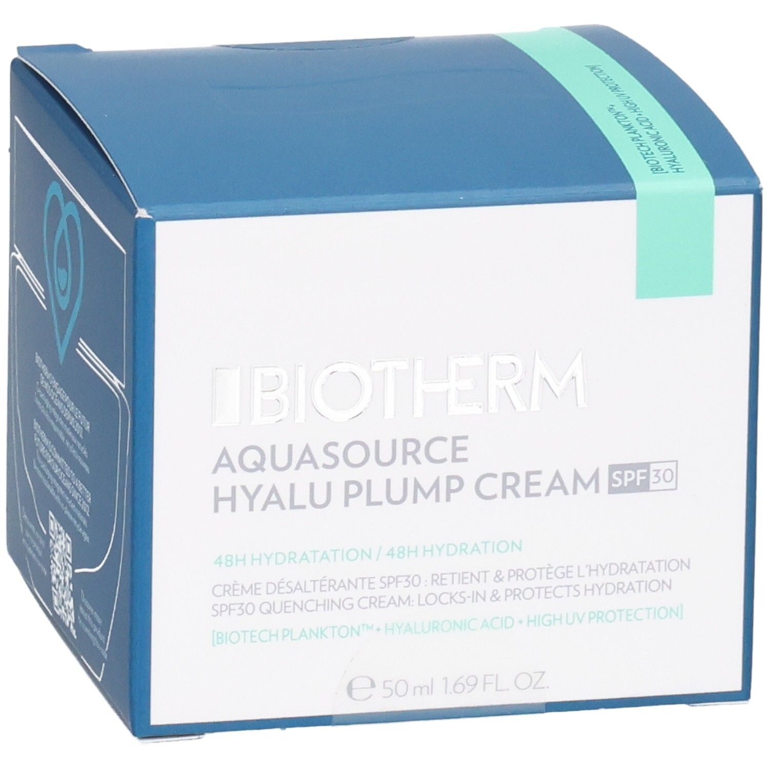 Blaue und weiße Schachtel mit BIOTHERM Aquasource Hyalu Plump Cream SPF 30. Grüner Streifen. 50 ml.