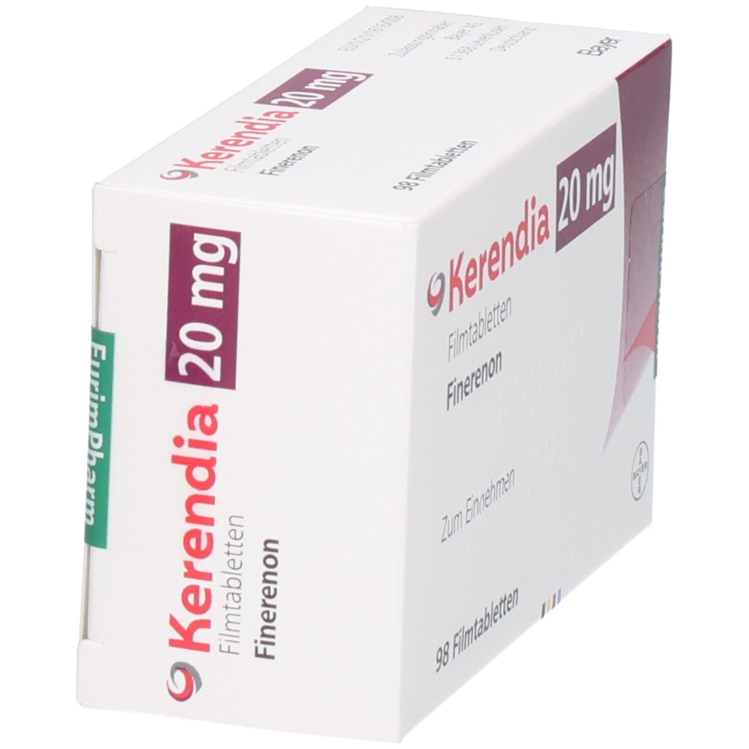 Kerendia 20 mg Filmtabletten Finerenon Schachtel, 98 Tabletten, schräg von vorne.