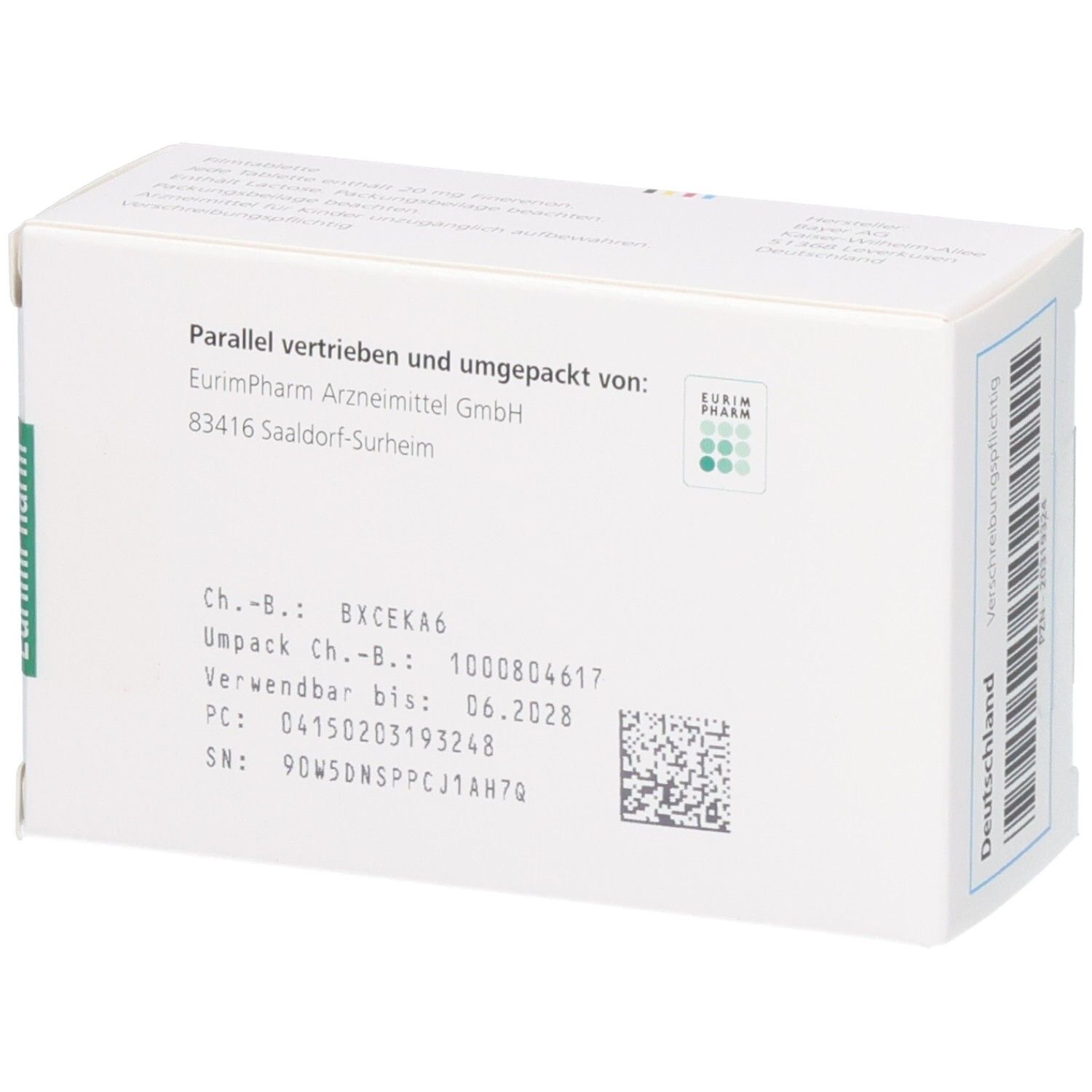 Rückseite der Kerendia 20 mg Filmtabletten Finerenon Schachtel mit Chargennummer und Verfallsdatum.