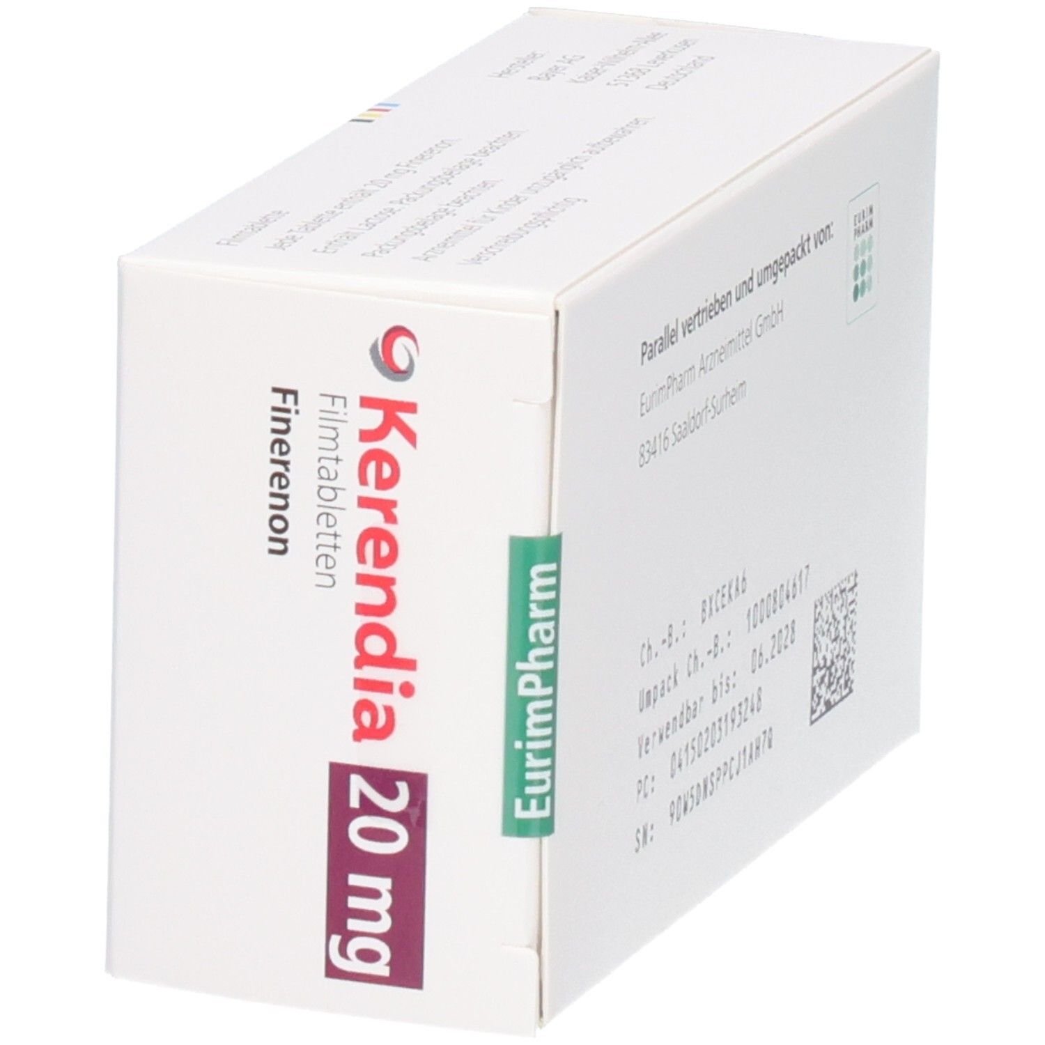 Kerendia 20 mg Filmtabletten Finerenon Schachtel, 98 Tabletten, seitliche Ansicht.