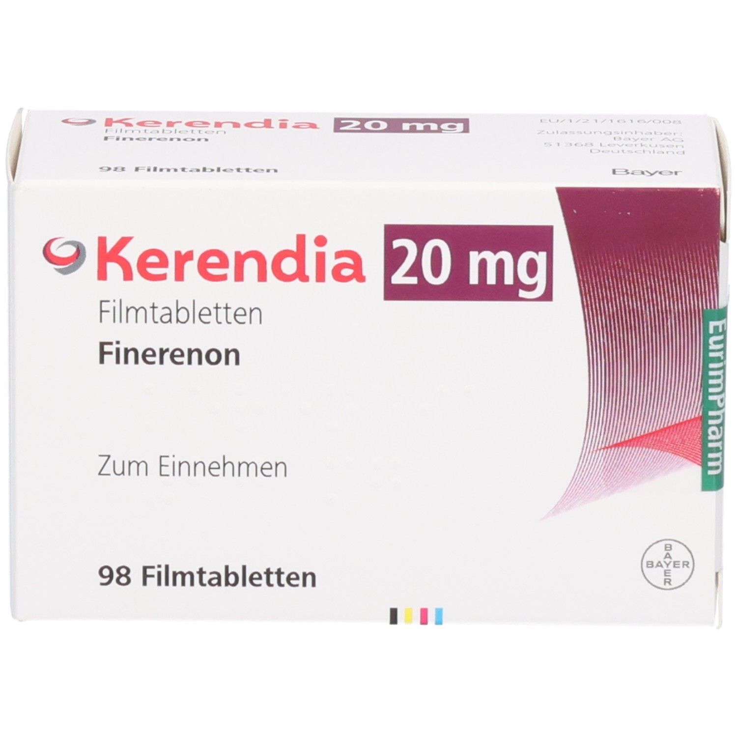 Vorderseite der Kerendia 20 mg Filmtabletten Finerenon Schachtel, 98 Tabletten.