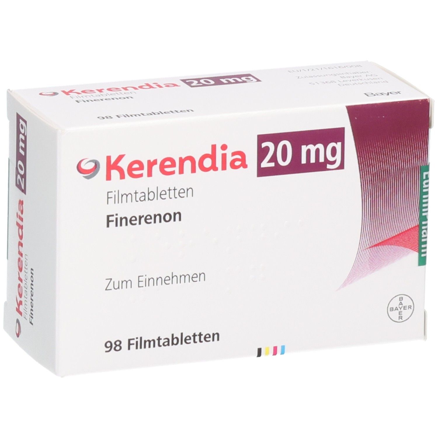 Kerendia 20 mg Filmtabletten Finerenon Schachtel, 98 Tabletten, schräg von vorne.
