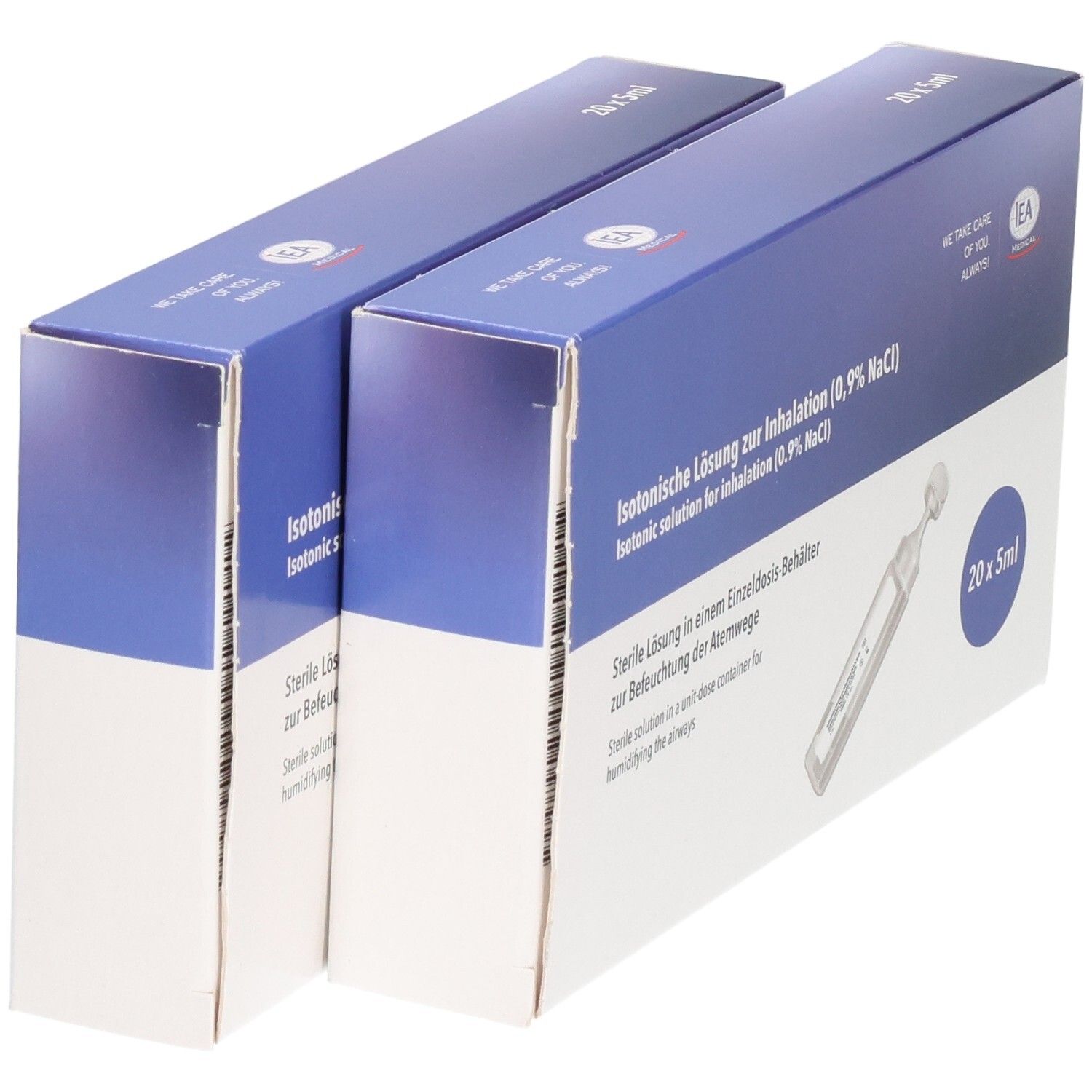 Zwei Packungen isotonische Kochsalzlösung zur Inhalation (0,9% NaCl) mit je 20 x 5ml Ampullen.