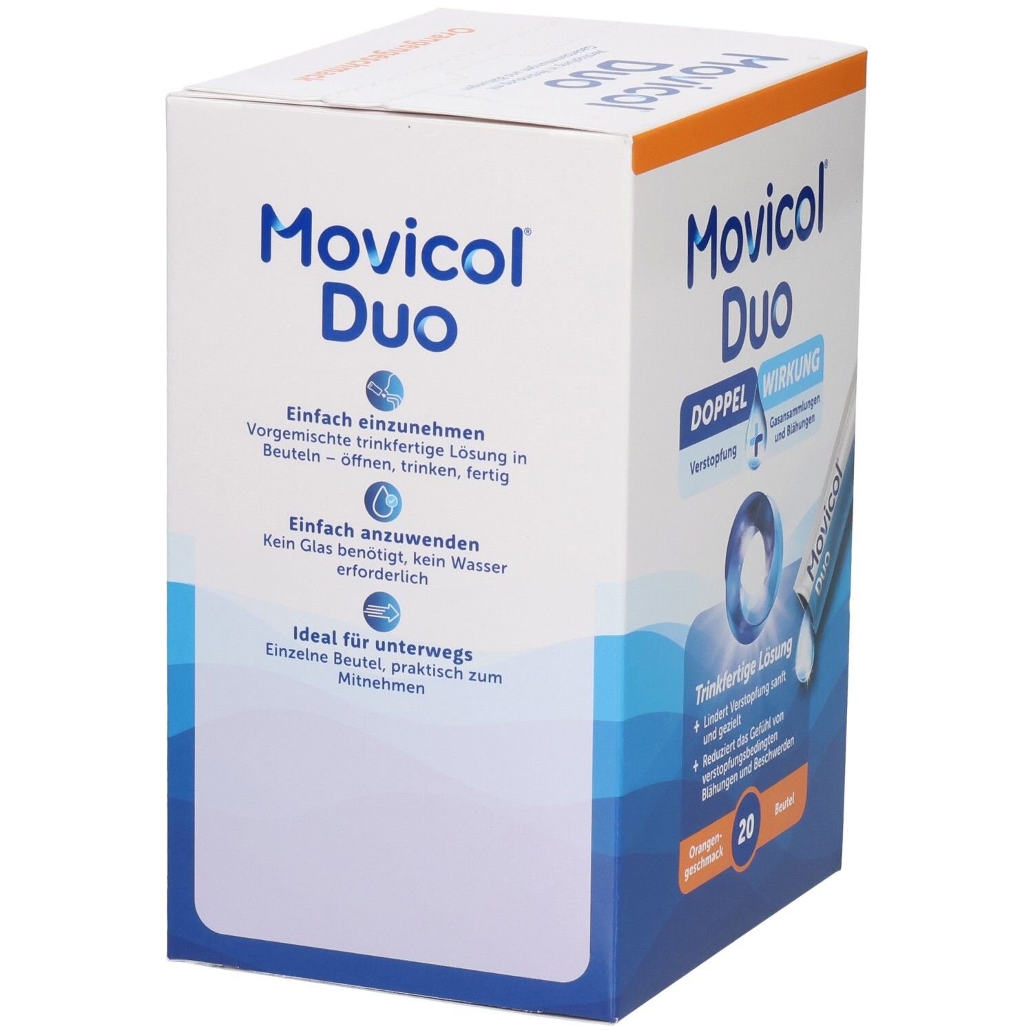 Movicol Duo Schachtel, Rückseite mit Informationen zur einfachen Einnahme und Anwendung unterwegs.