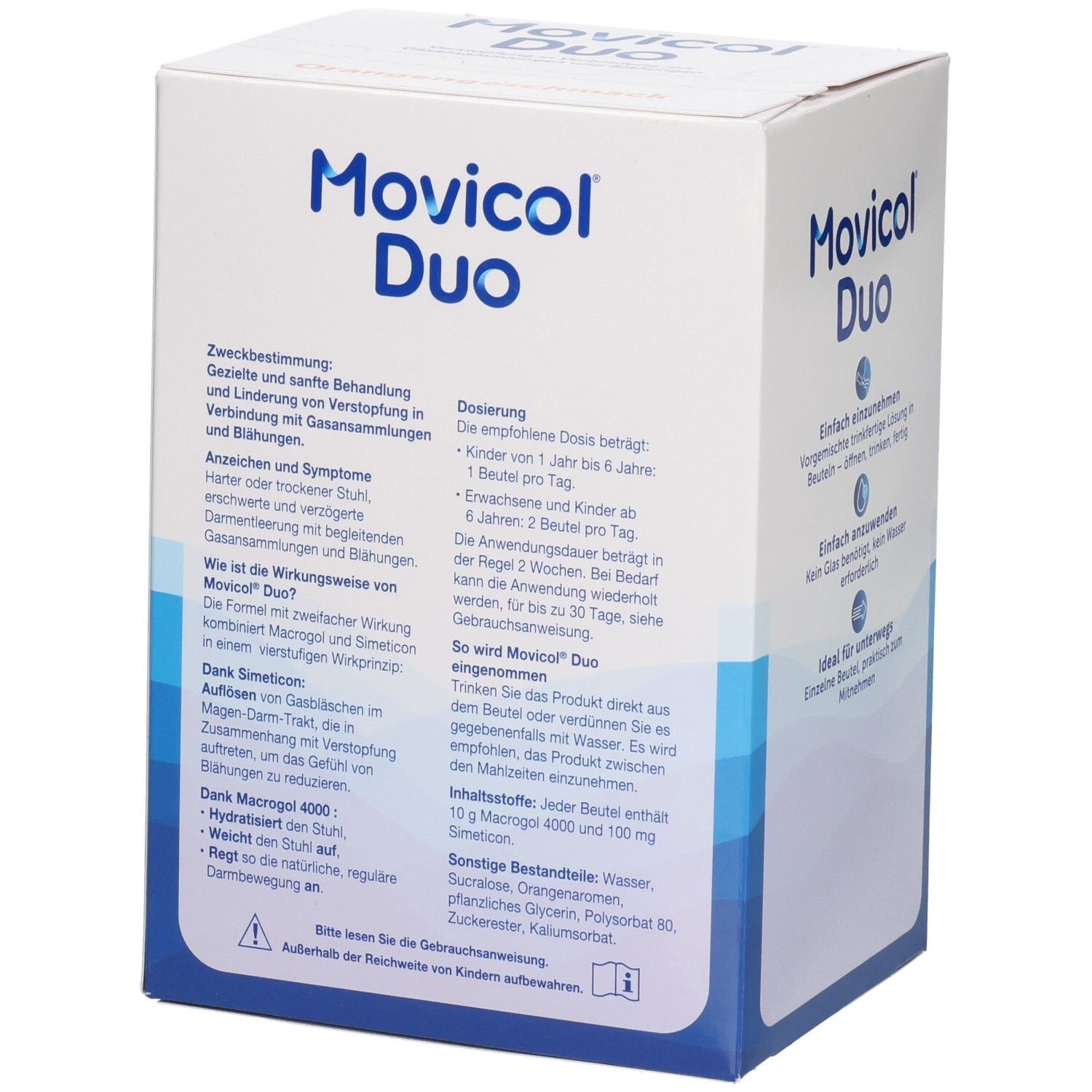 Movicol Duo Schachtel, Rückseite mit detaillierten Anwendungsinformationen, Dosierung und Wirkungsweise.