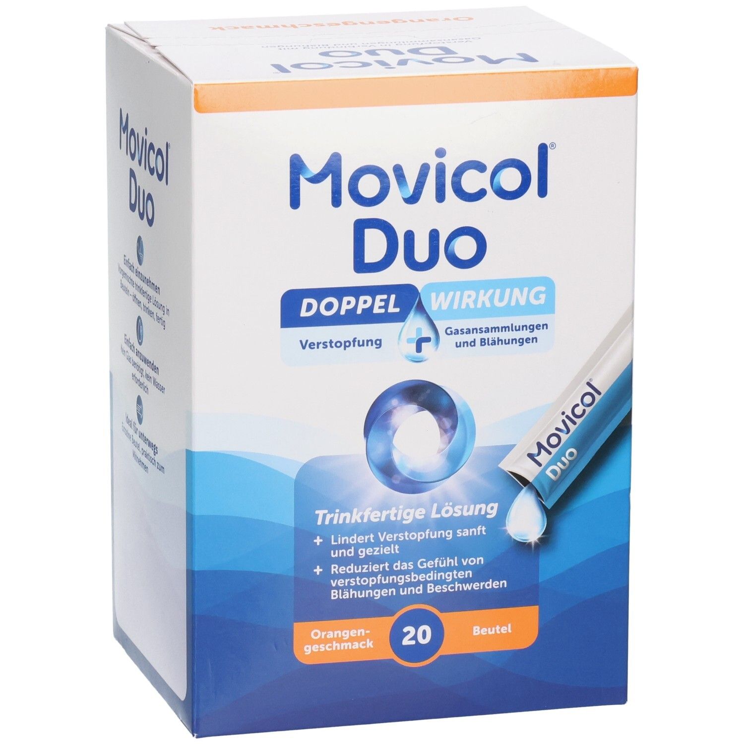 Movicol Duo Beutel-Schachtel, 20 Beutel, Orangengeschmack. Doppelte Wirkung gegen Verstopfung und Blähungen.