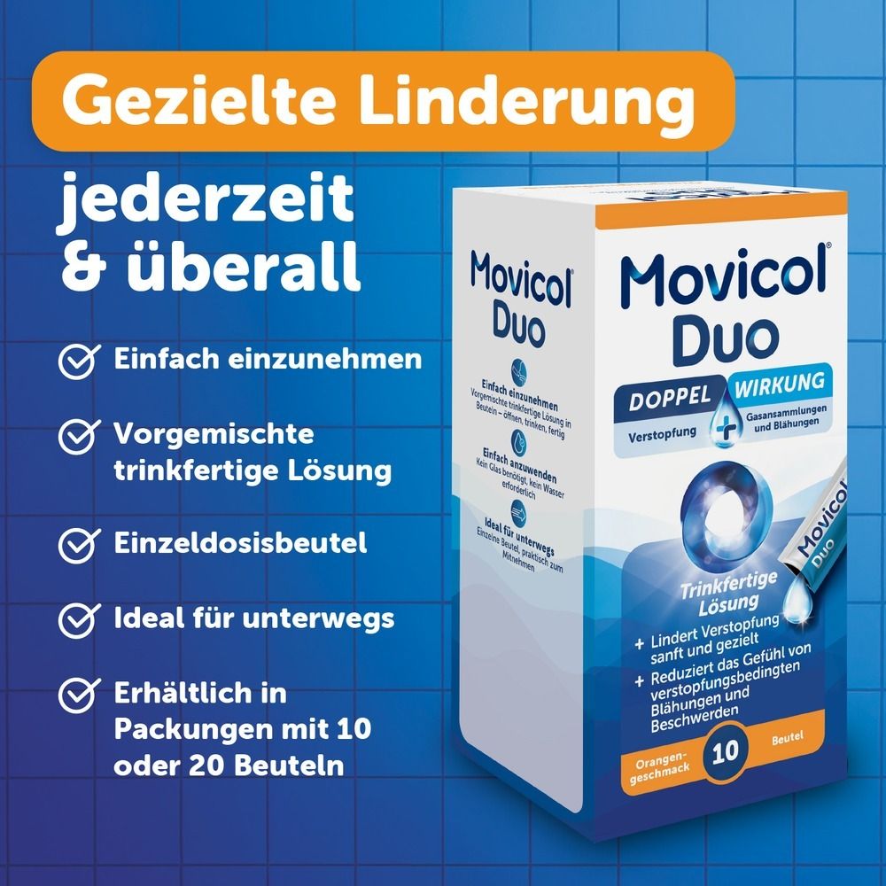 Packung MoviCol Duo mit trinkfertiger Lösung in Beuteln, orangefarben.