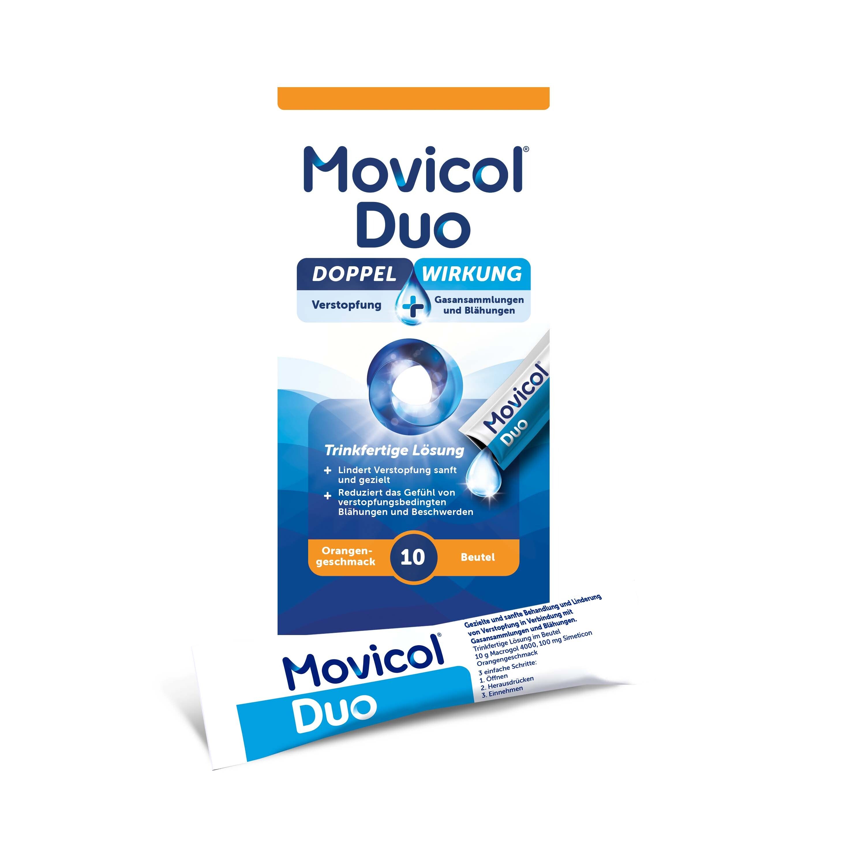 Packung Movicol Duo Trinkfertige Lösung mit Macrogol & Simeticon, Orangen Geschmack, 10 Beutel.