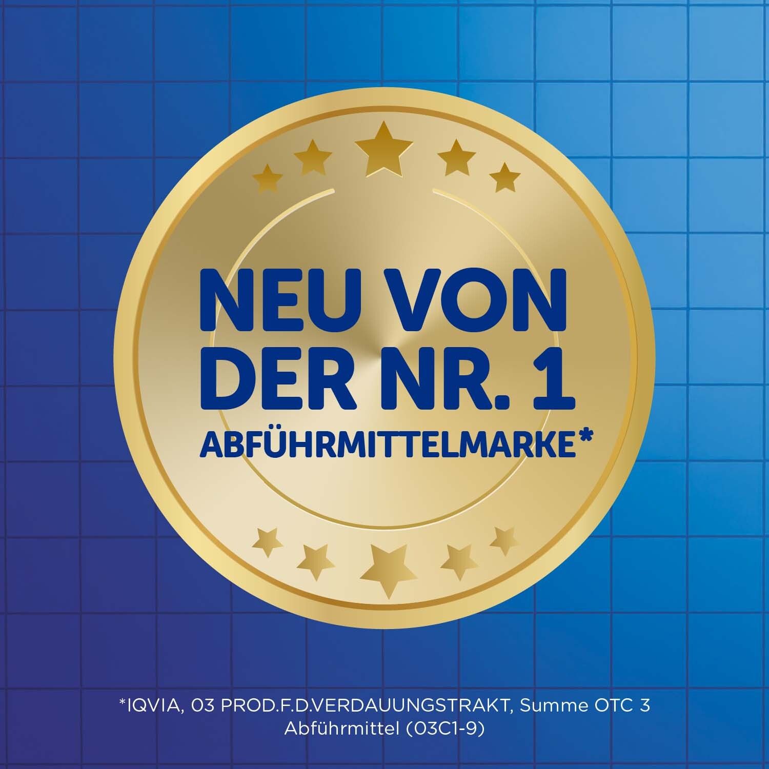Siegel 'Neu von der Nr. 1 Abführmittelmarke' mit Sternen.