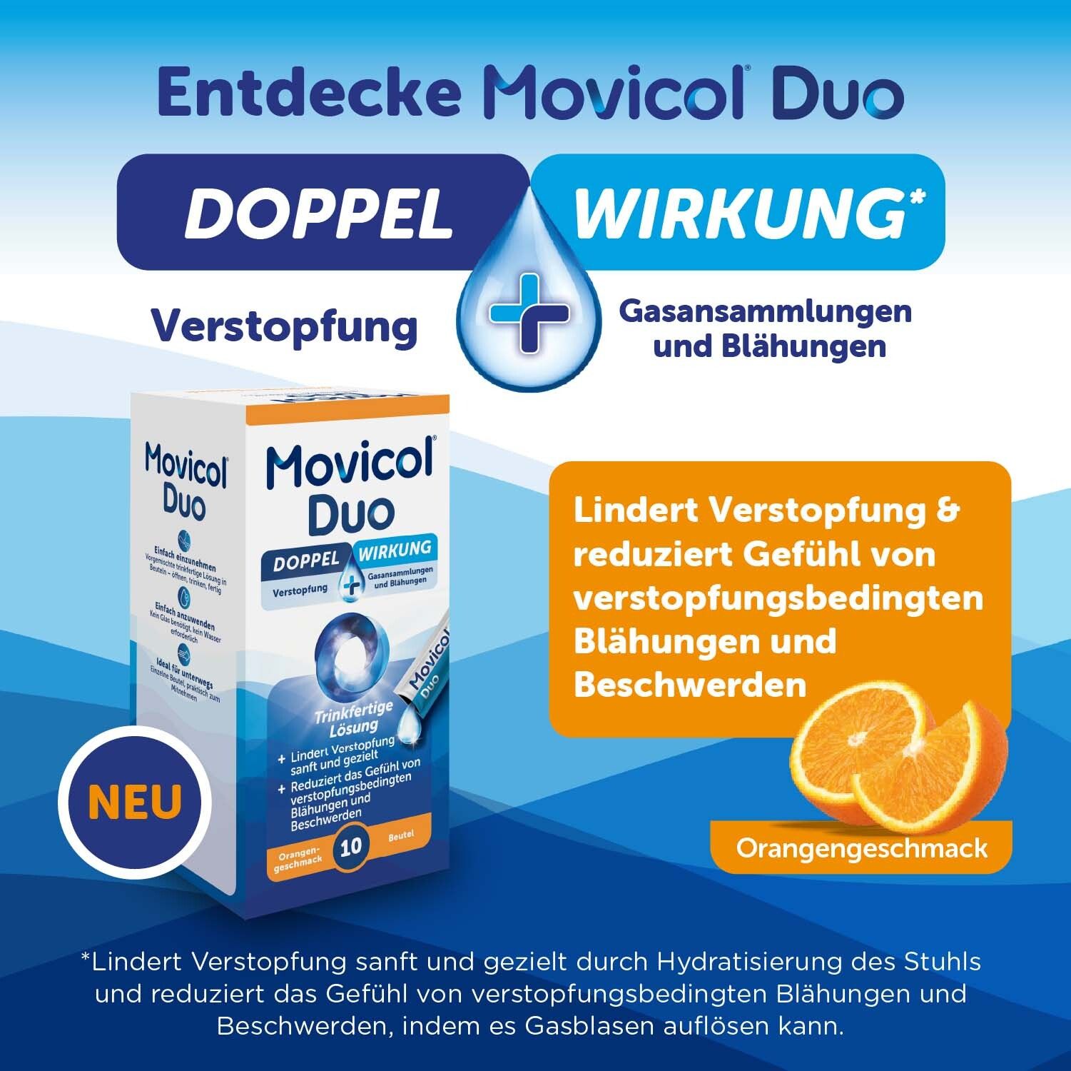 Movicol Duo: Doppelte Wirkung gegen Verstopfung und Blähungen. Mit Orangengeschmack.