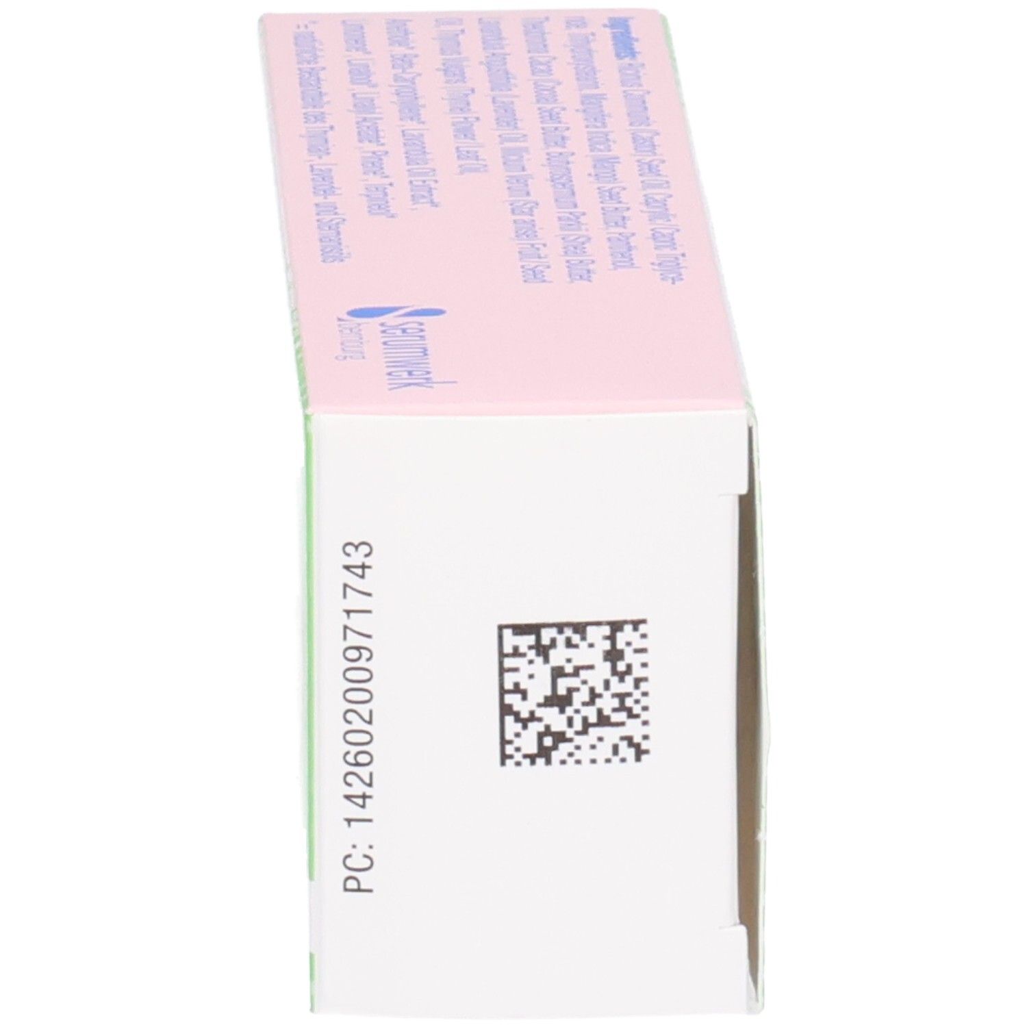 Seitenansicht der Pulmotin Balsam Faltschachtel mit Barcode und Chargennummer.