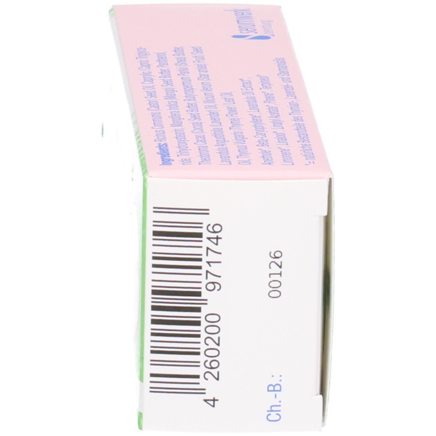 Seitenansicht der Pulmotin Balsam Faltschachtel mit Inhaltsstoffen und Barcode.