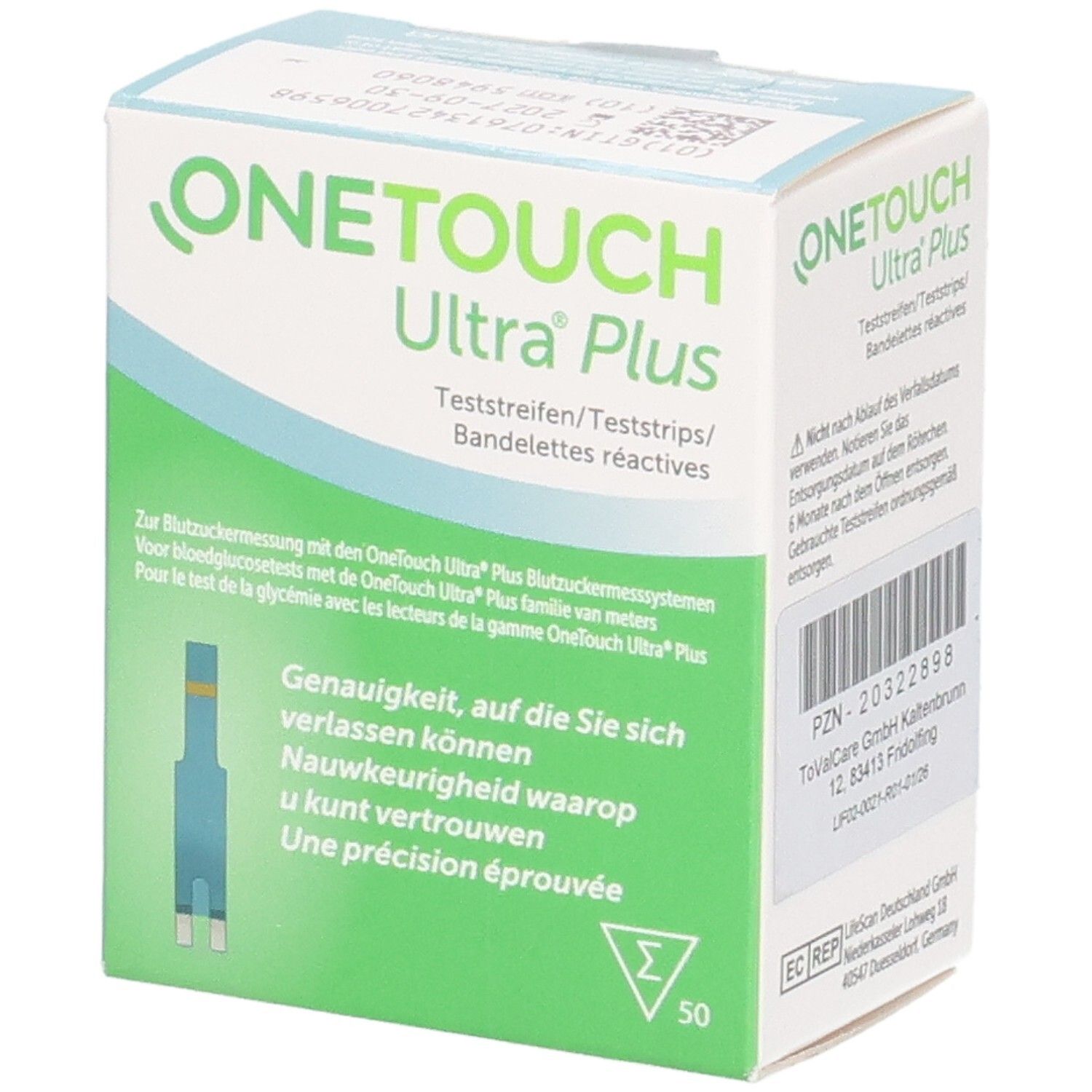 Verpackung von ONE TOUCH Ultra Plus Teststreifen. Aufschrift: Ultra Plus, Teststreifen. Grün-weiße Schachtel mit 50 Teststreifen.