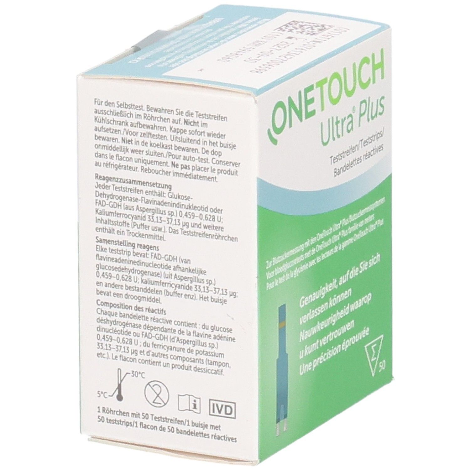 Rückseite der Verpackung von ONE TOUCH Ultra Plus Teststreifen. Text über die Teststreifen und Inhaltsstoffe. 50 Teststreifen.