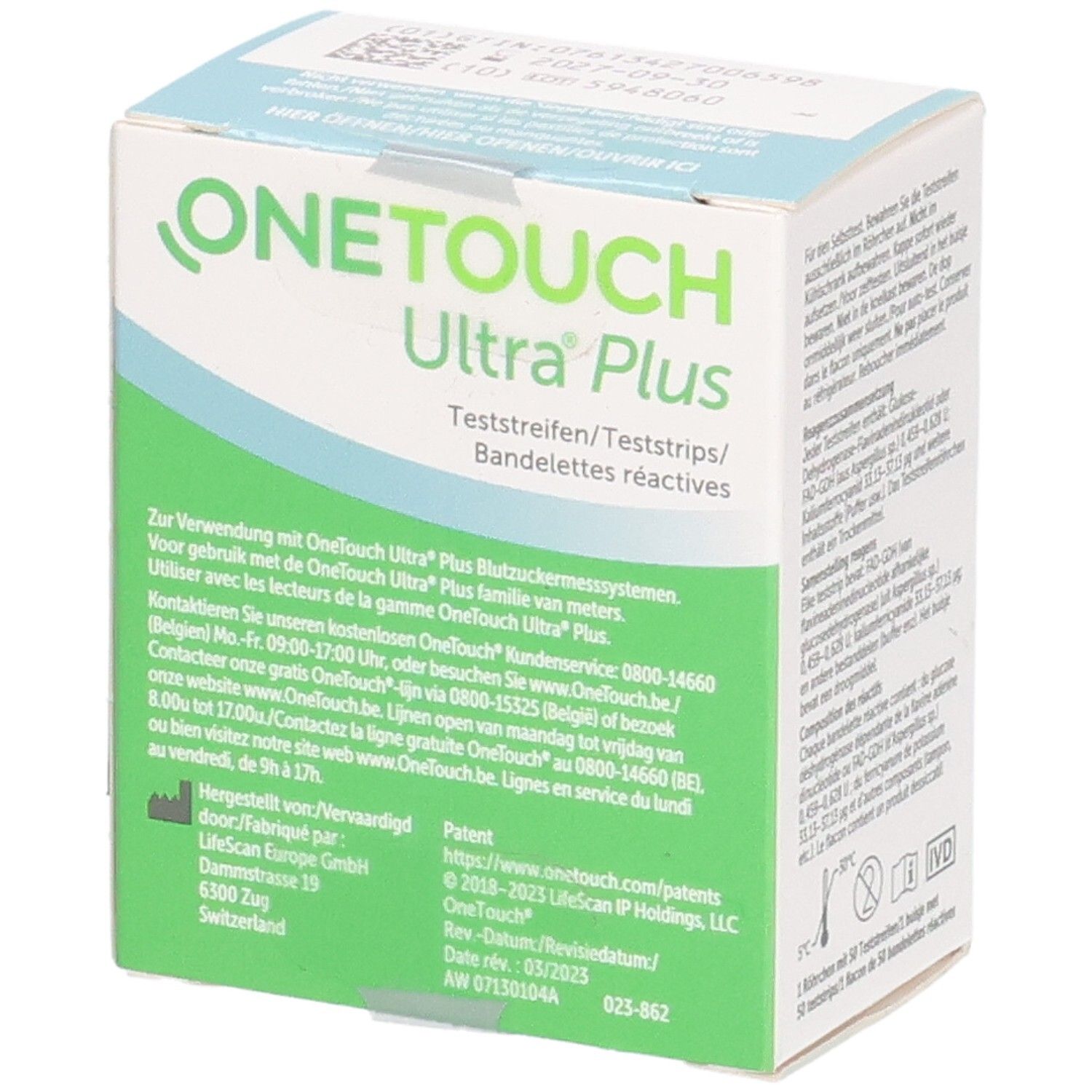 Verpackung von ONE TOUCH Ultra Plus Teststreifen. Aufschrift: Ultra Plus, Teststreifen. Herstellerinformationen und Kontakt.