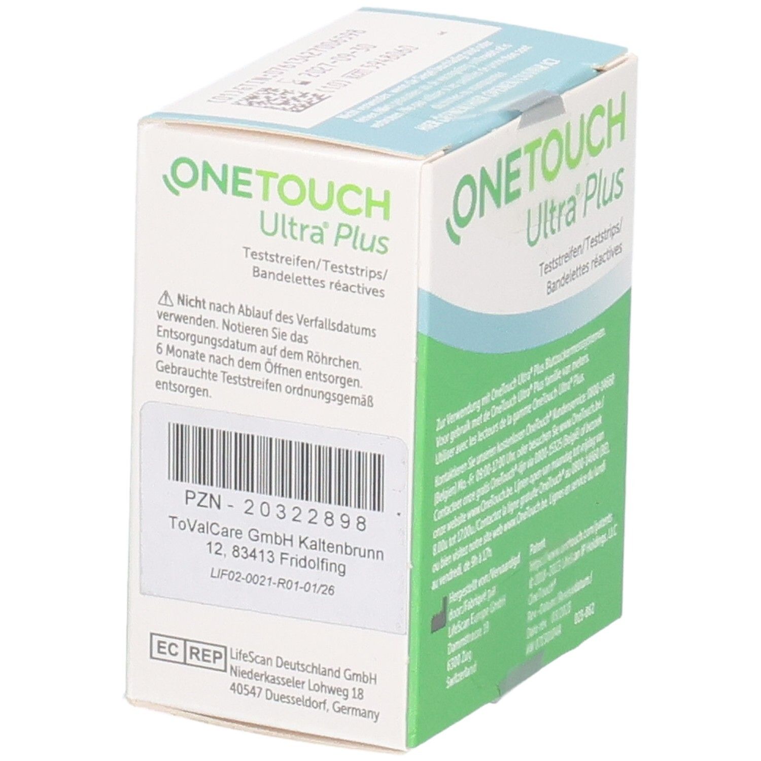 Rückseite der Verpackung von ONE TOUCH Ultra Plus Teststreifen. Text und Informationen. PZN-20322898. EC REP Logo.