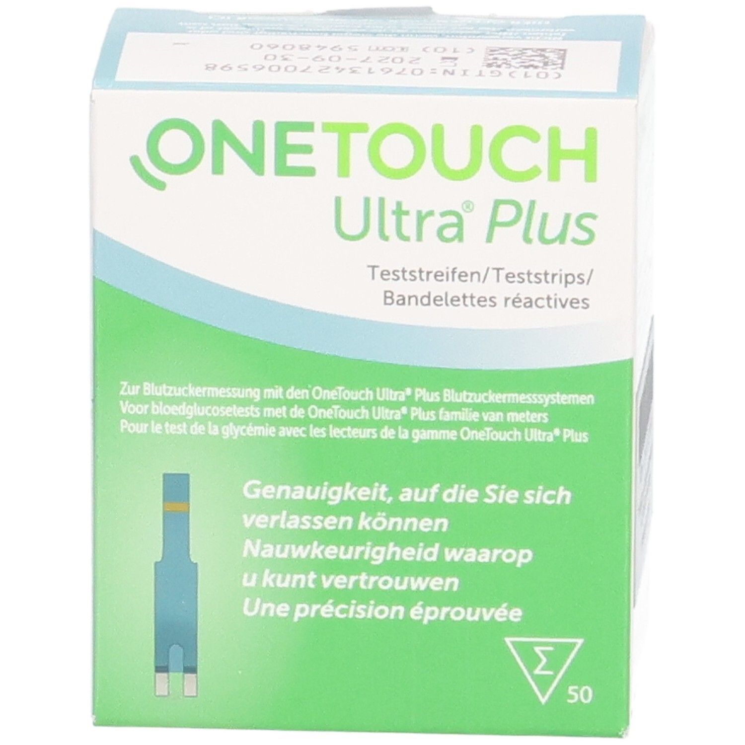 Verpackung von ONE TOUCH Ultra Plus Teststreifen. Aufschrift: Ultra Plus, Teststreifen. Grün-weiße Schachtel mit 50 Teststreifen.