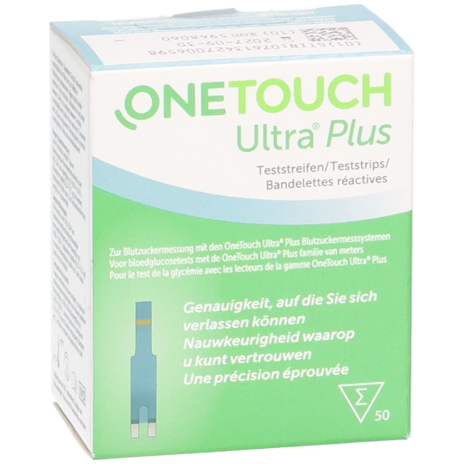 Verpackung von ONE TOUCH Ultra Plus Teststreifen. Aufschrift: Ultra Plus, Teststreifen. Grün-weiße Schachtel mit 50 Teststreifen.