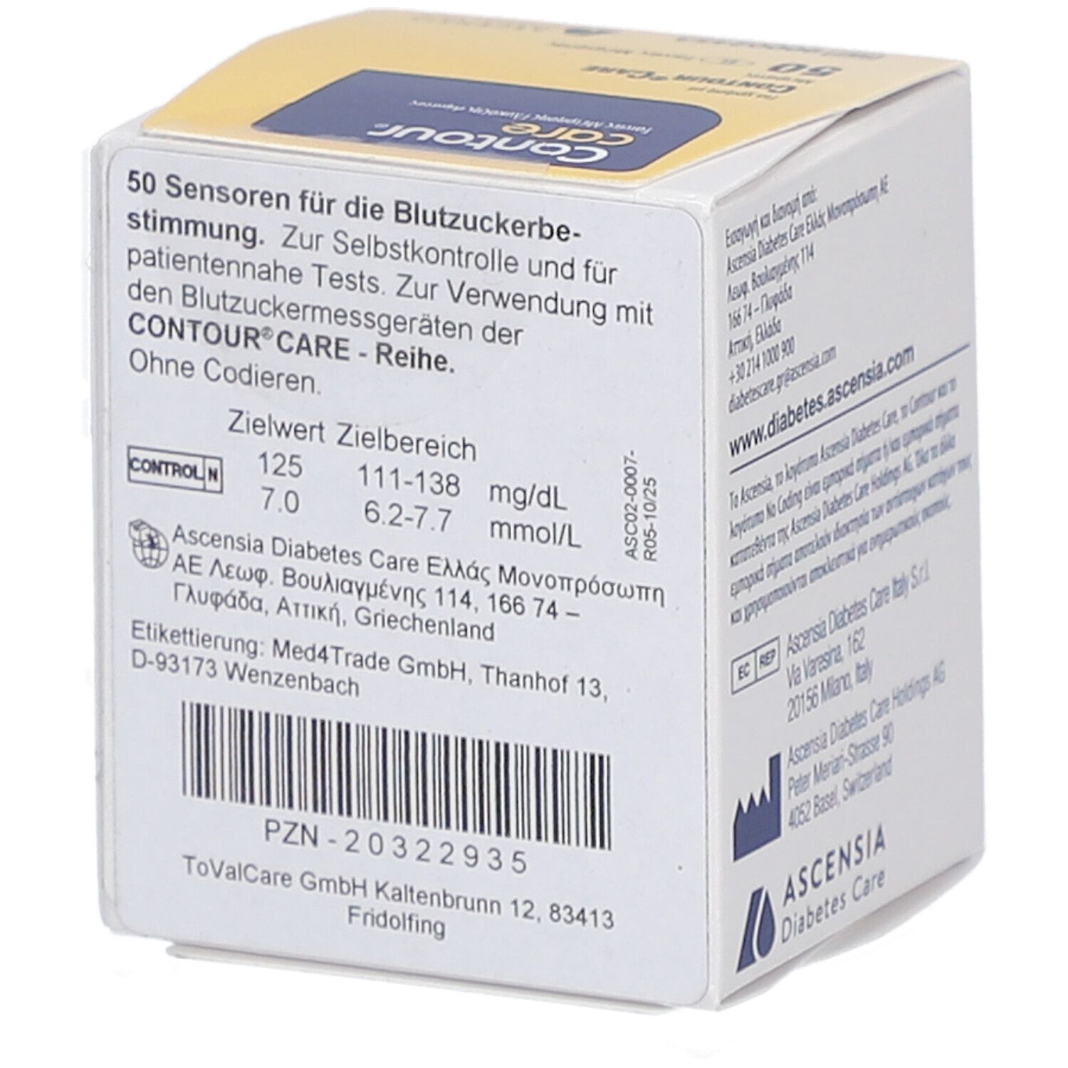 Seitenansicht einer Packung Contour Care Blutzuckerteststreifen mit Zielbereich und Herstellerangaben.