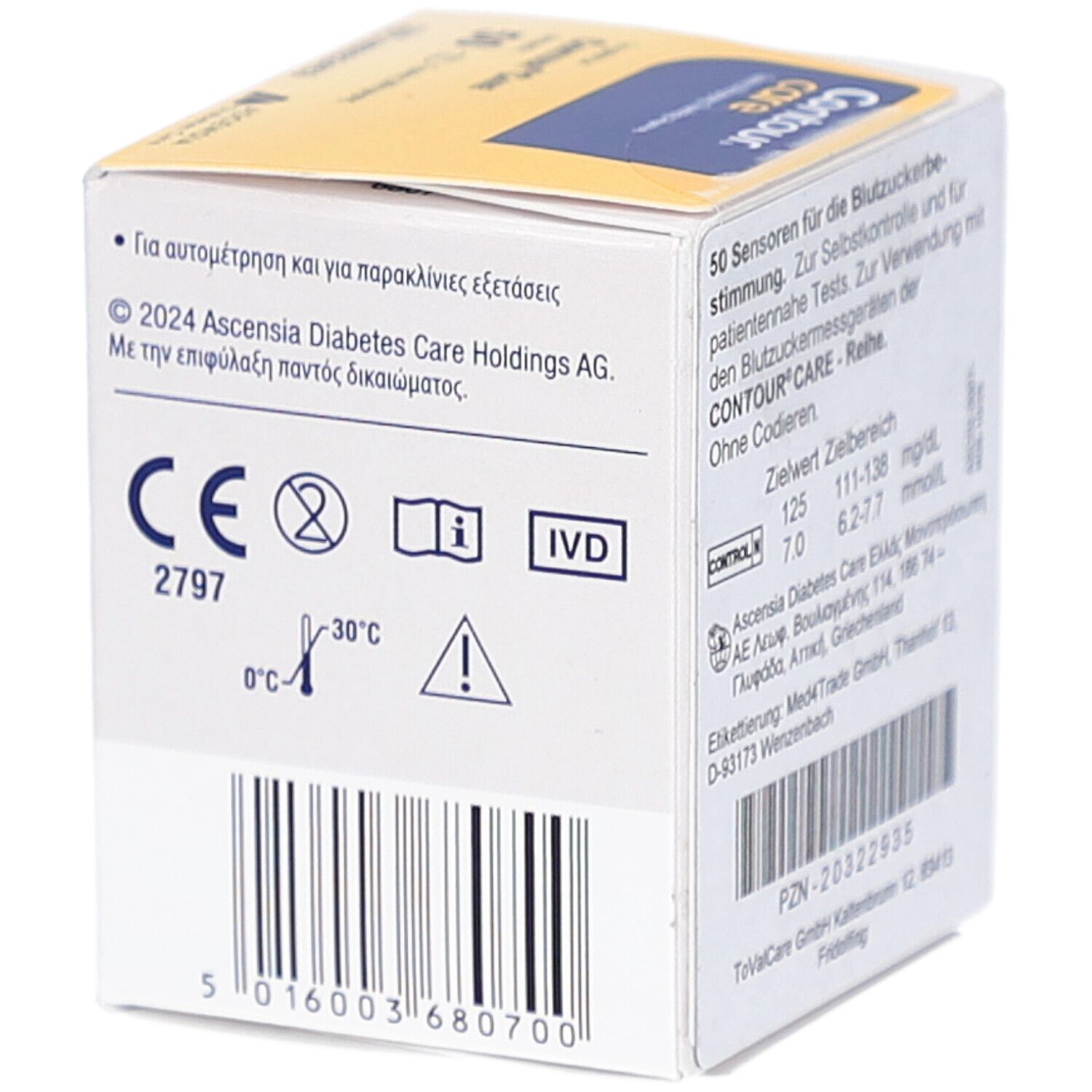 Seitenansicht einer Packung Contour Care Blutzuckerteststreifen mit CE-Kennzeichnung und Symbolen.
