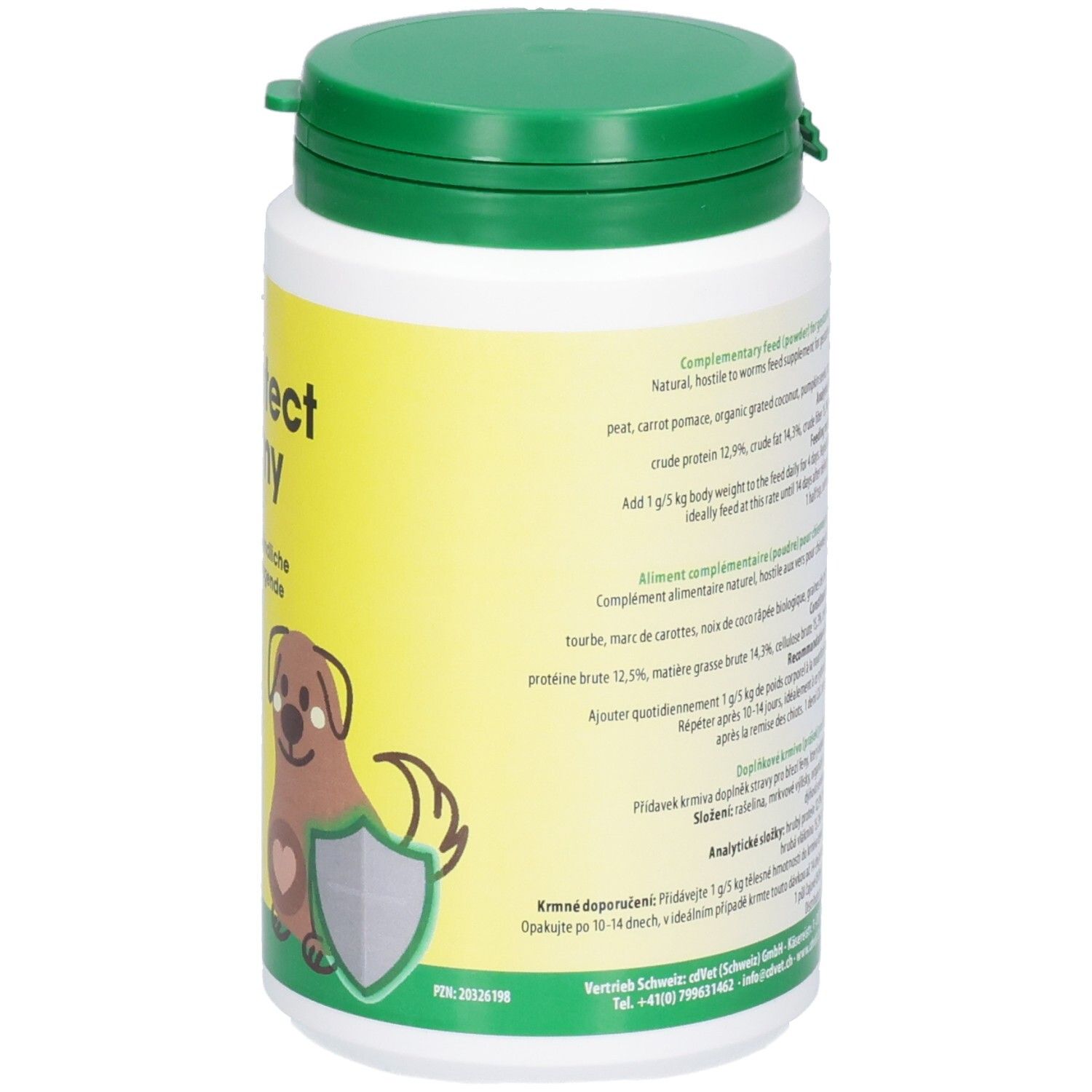 cdProtect Mommy Pulver in gelber Dose mit grünem Deckel. Enthält eine niedliche Hundegrafik mit Schild.