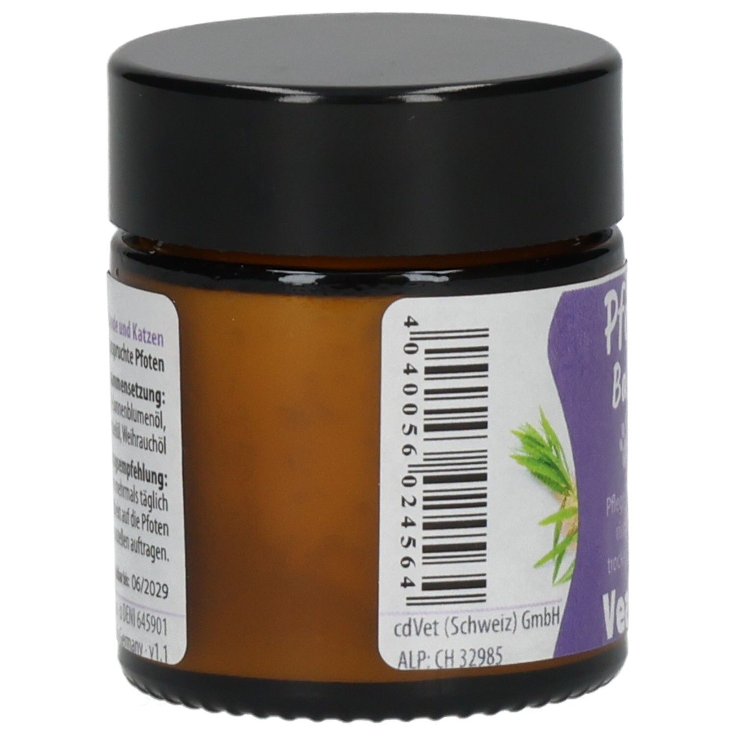 VeaVet Pfoten Balsam: Rückseite des Etiketts mit Barcode, Inhaltsstoffen und Herstellerangaben.