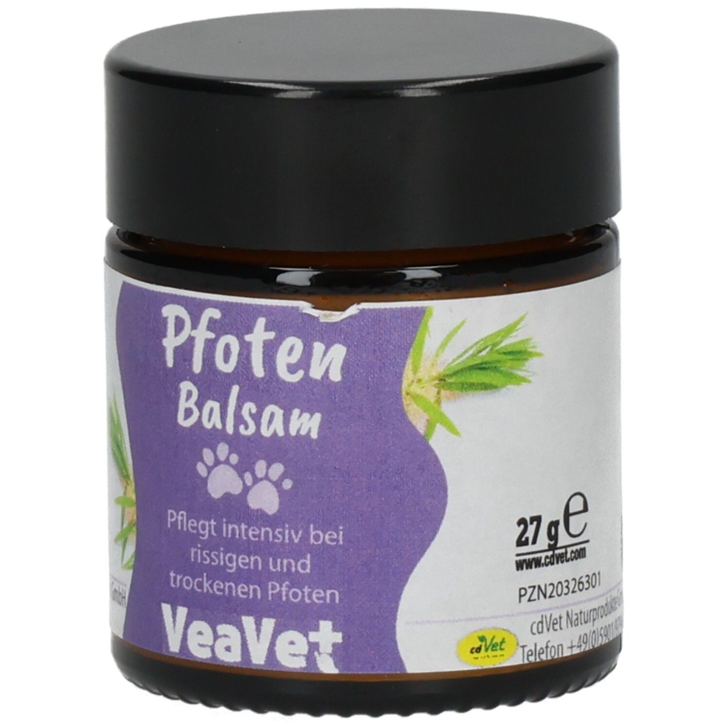 VeaVet Pfoten Balsam: Braunglasbehälter mit schwarzem Deckel, Etikett mit 27g Angabe und Produktinformationen.