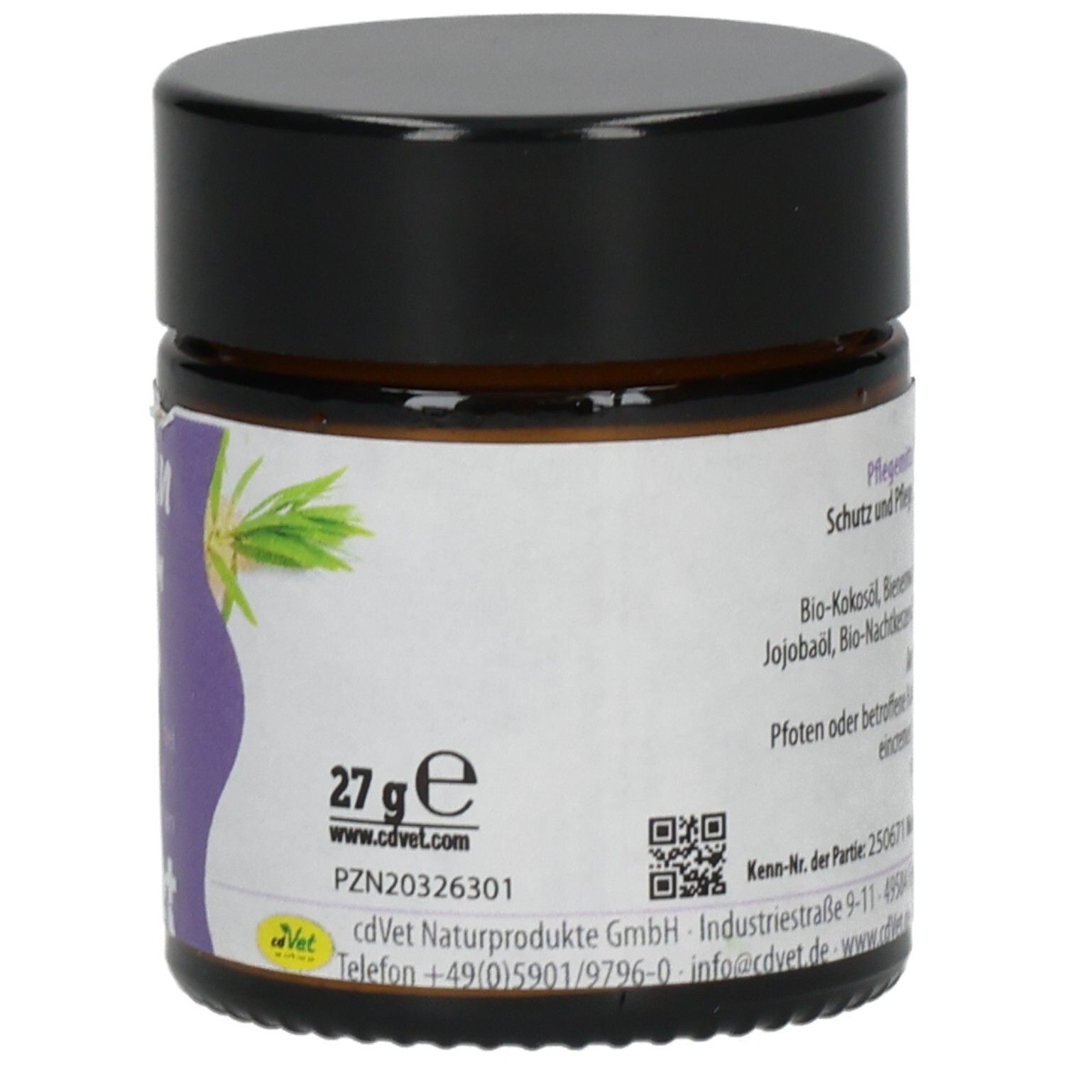 VeaVet Pfoten Balsam: Etikett mit 27g Angabe, PZN-Nummer, Herstellerdetails und QR-Code.