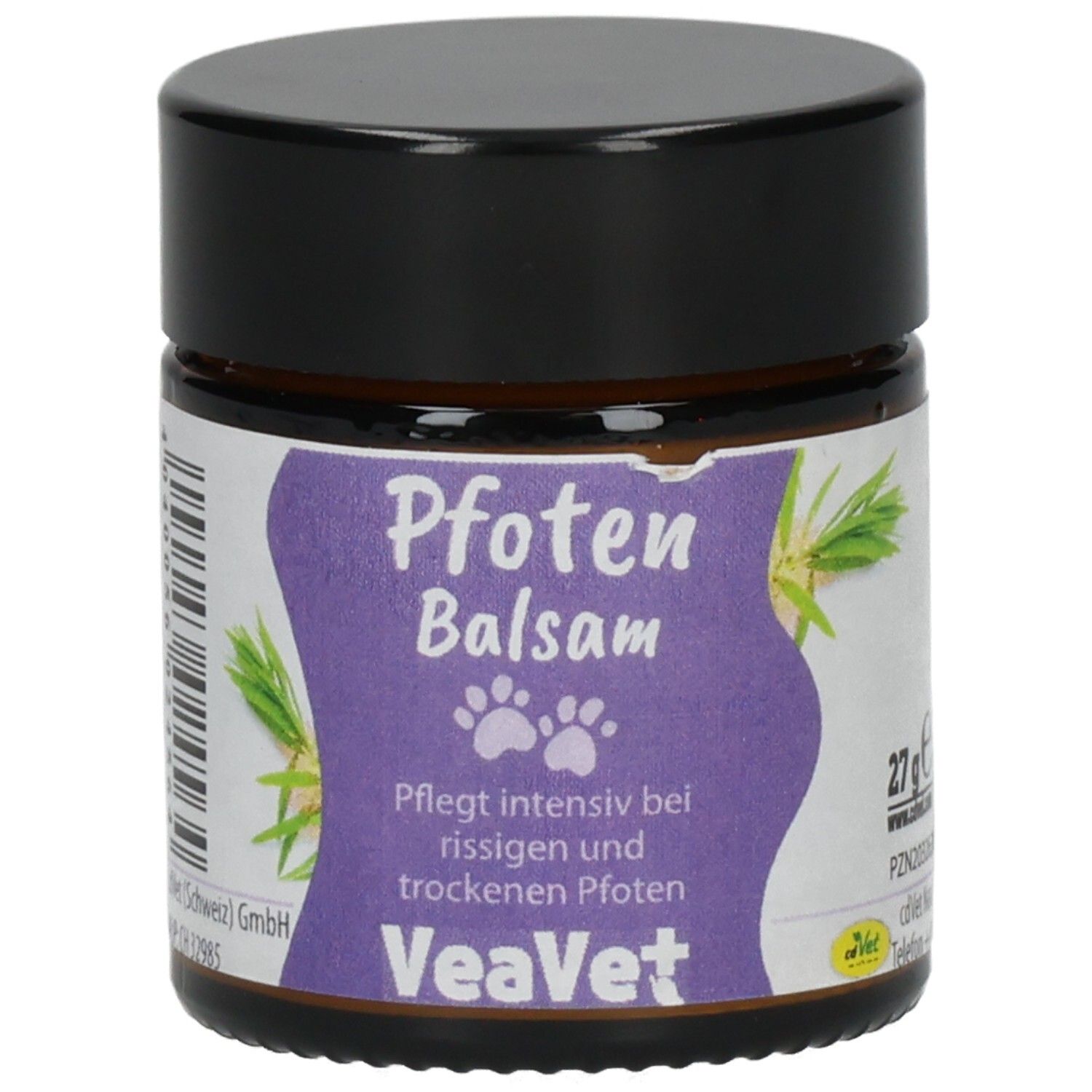 VeaVet Pfoten Balsam: Braunglasbehälter mit schwarzem Deckel, Etikett mit lila Wellenmuster, Pfotenabdruck und Produktinformationen.