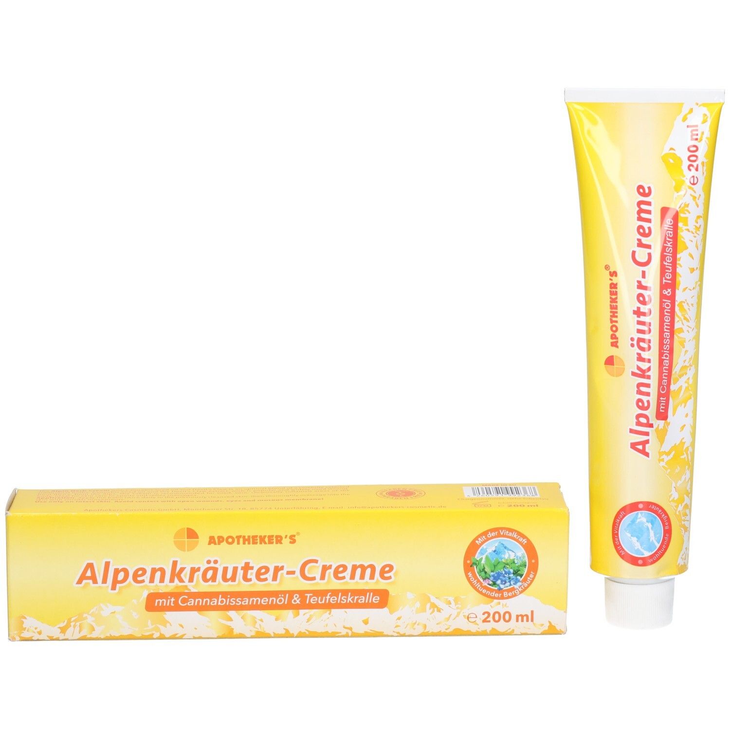 Gelbe Tube und Faltschachtel mit Alpenkräuter-Creme, 200 ml.