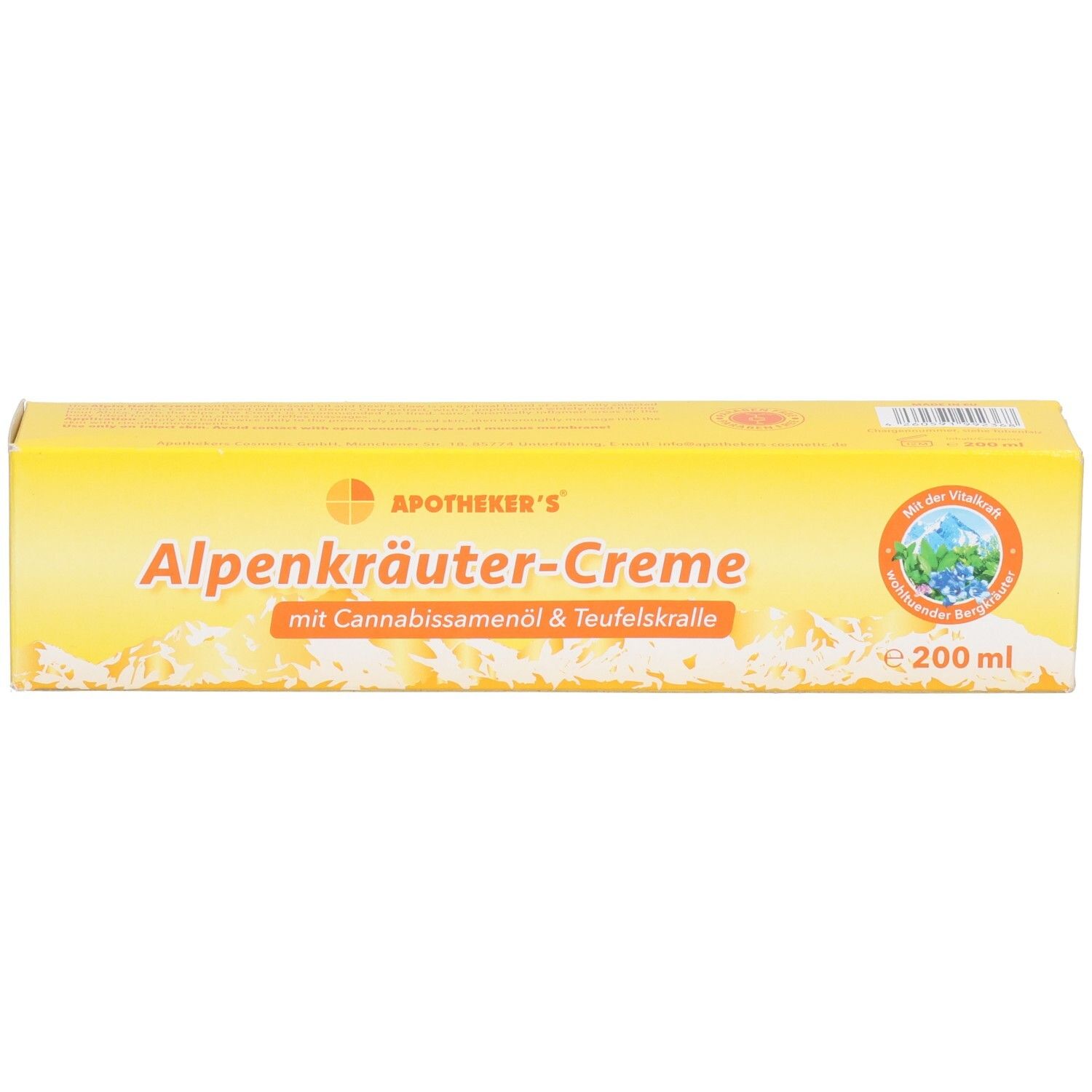 Apotheker's Alpenkräuter-Creme mit Cannabissamenöl & Teufelskralle, 200 ml.