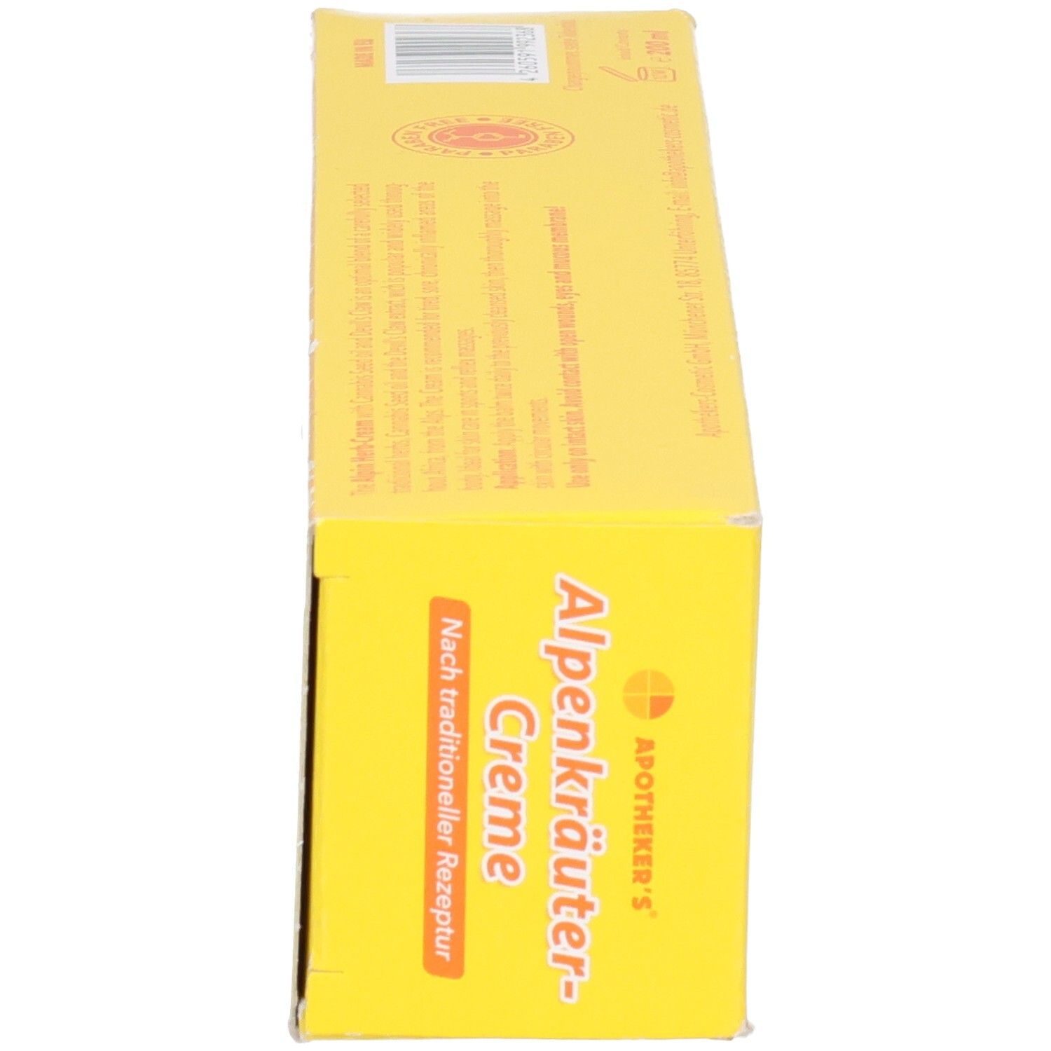 Gelbe Apotheker's Alpenkräuter-Creme Verpackung mit Text 'Nach traditioneller Rezeptur'.