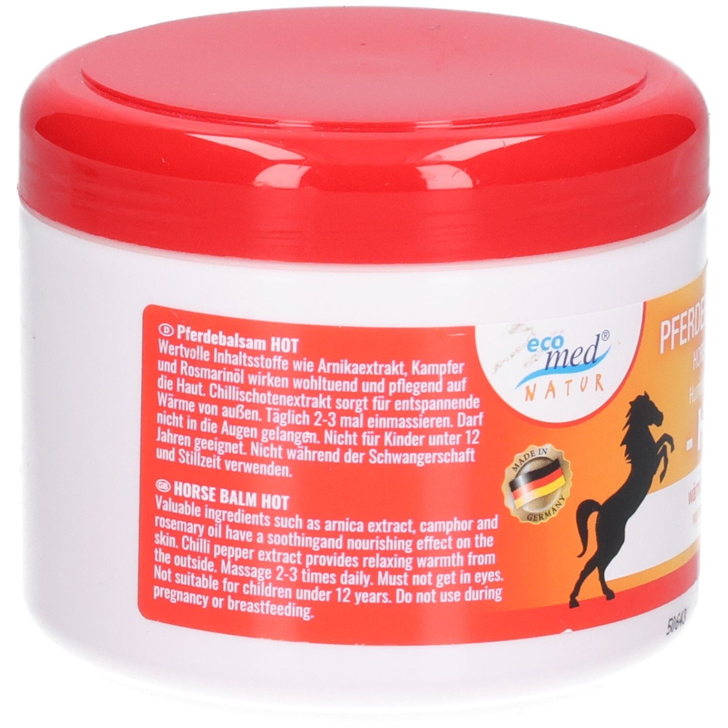 Rückseite des Pferdebalsam Gel HOT Tiegels mit detaillierten Anwendungshinweisen und Inhaltsstoffen auf Deutsch und Englisch.