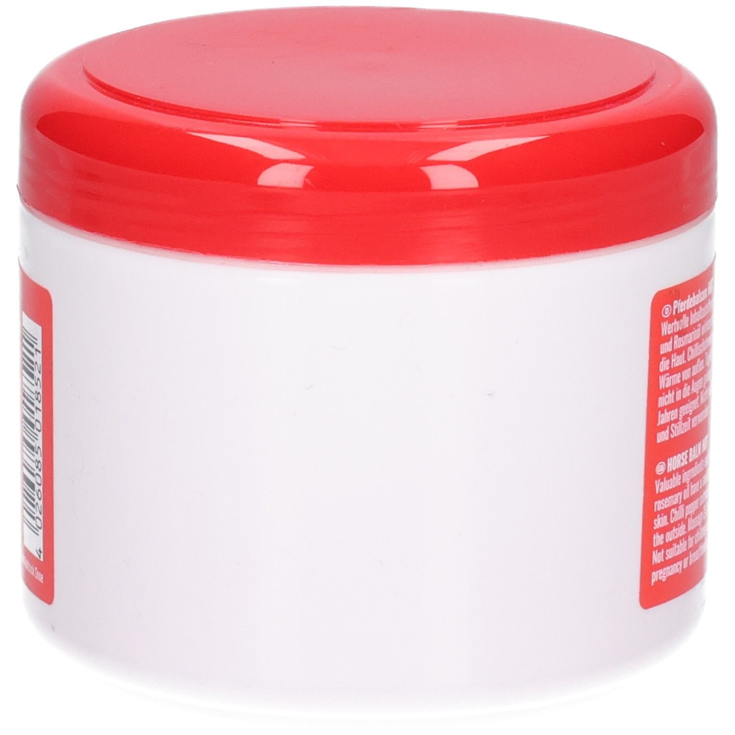 Seitenansicht des Pferdebalsam Gel HOT Tiegels, weißer Körper mit rotem Deckel, ohne sichtbares Etikett.
