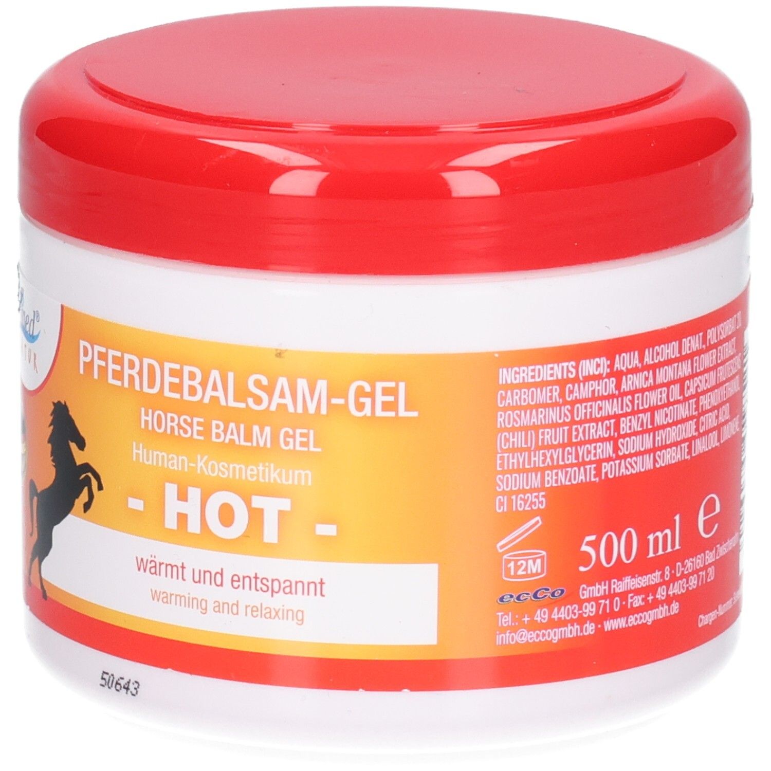 Vorderseite des Pferdebalsam Gel HOT Tiegels mit Etikett, das Inhaltsstoffe, Menge (500 ml) und Herstellerangaben zeigt.