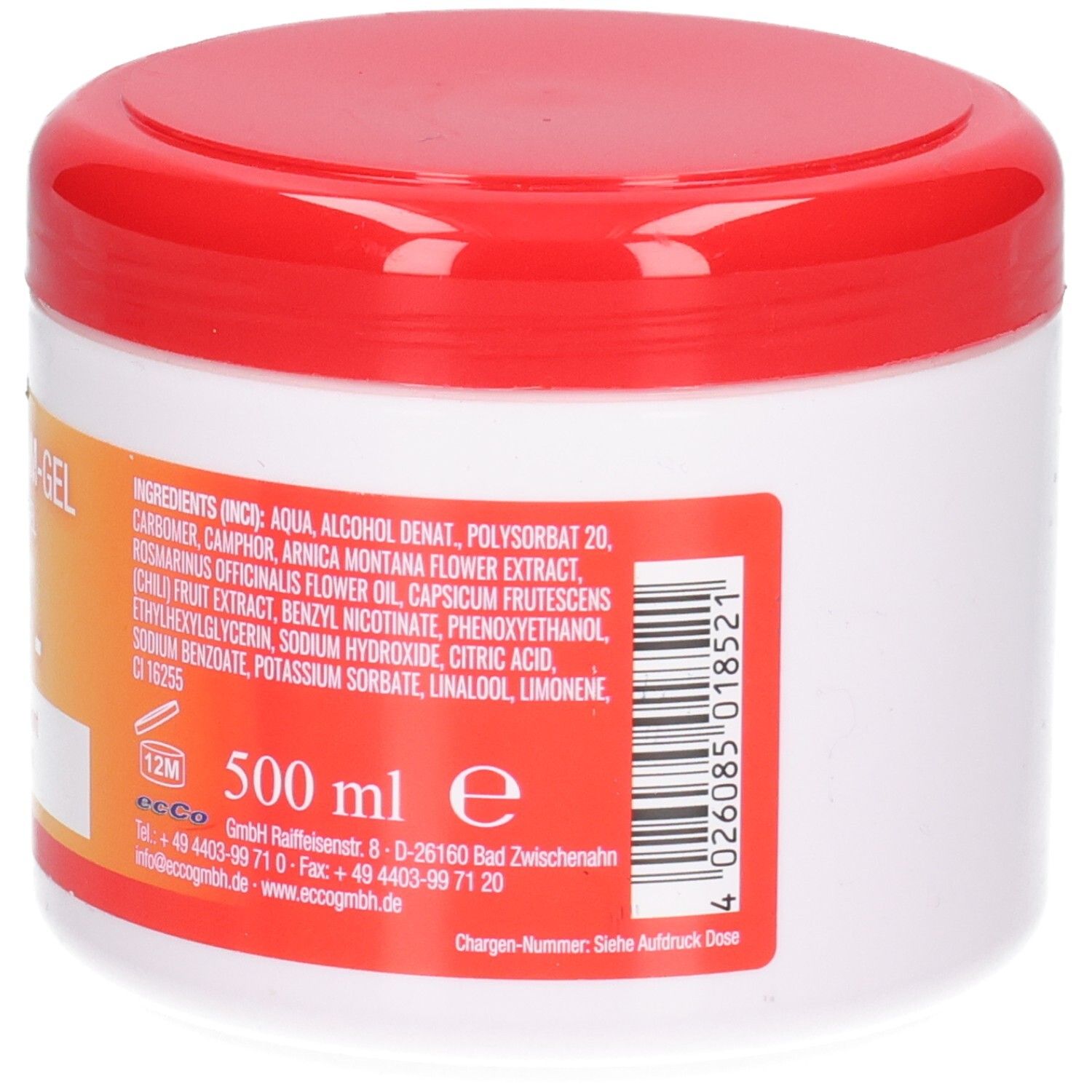 Seitenansicht des Pferdebalsam Gel HOT Tiegels mit Etikett, das Inhaltsstoffe und Barcode zeigt.