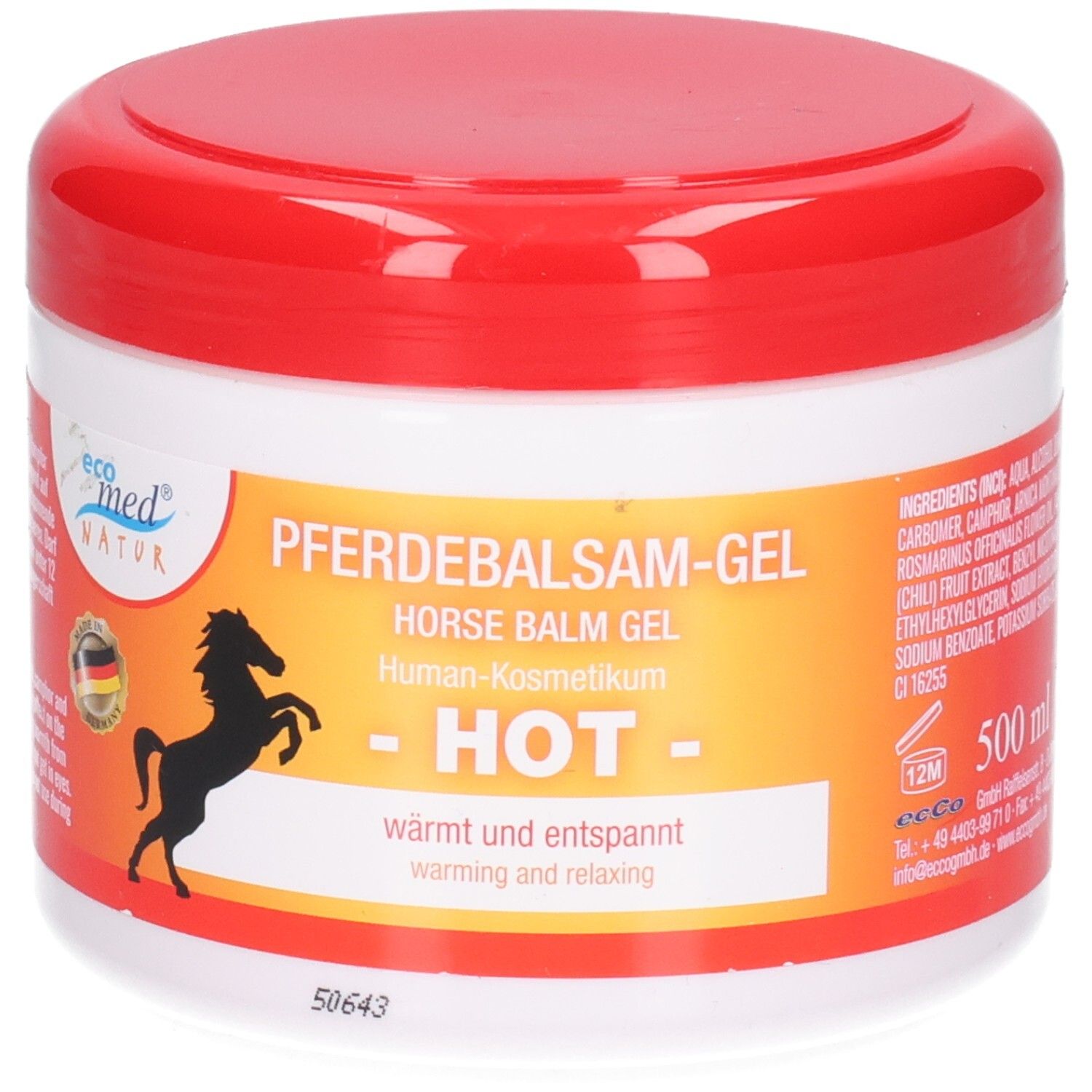 Pferdebalsam Gel HOT: Weißer Tiegel mit rotem Deckel, orangefarbenem Etikett mit schwarzer Pferdesilhouette und Produktinformationen.