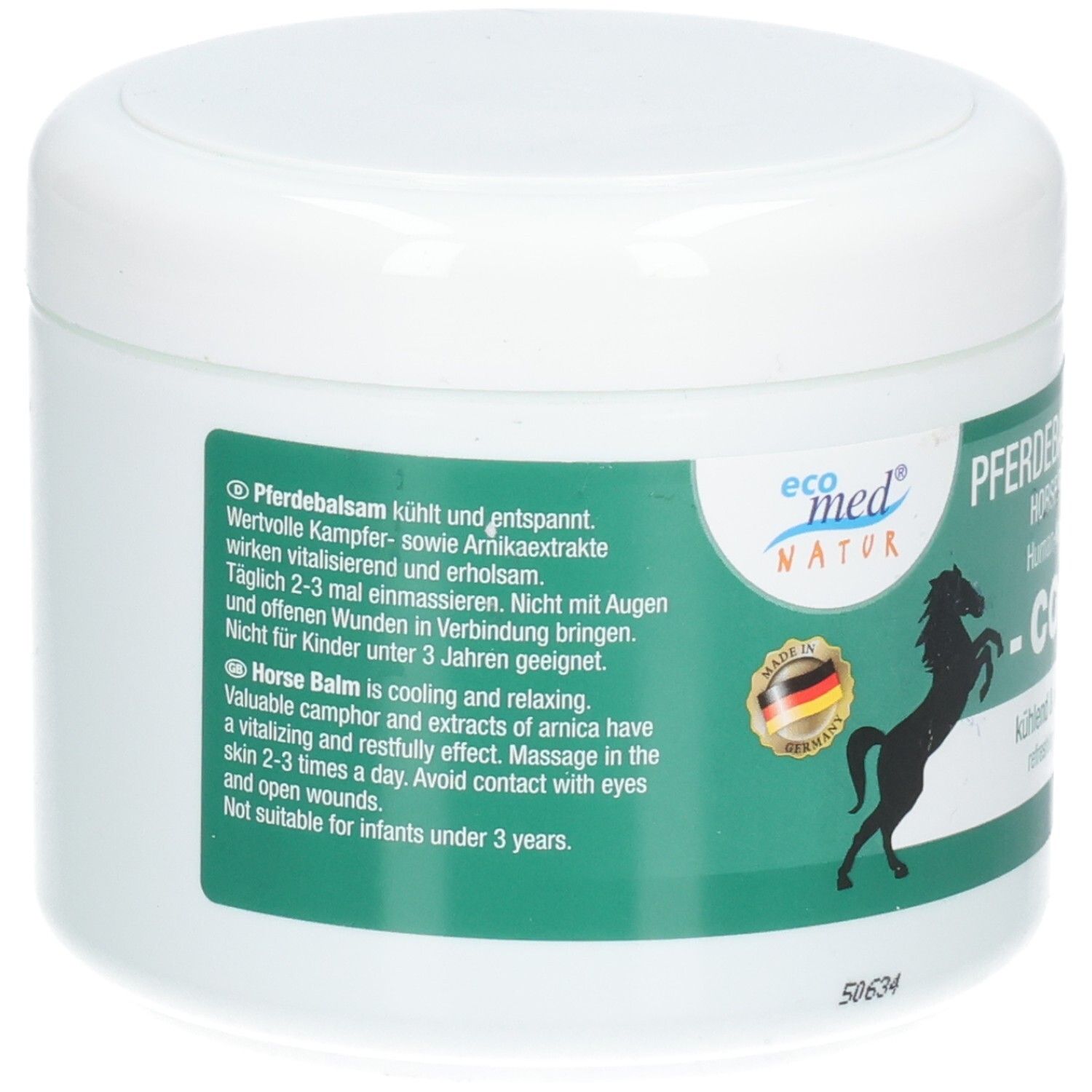 Weiße Dose mit Pferdebalsam. Enthält Arnika. "eco med NATUR" Logo und Pferdesilhouette.