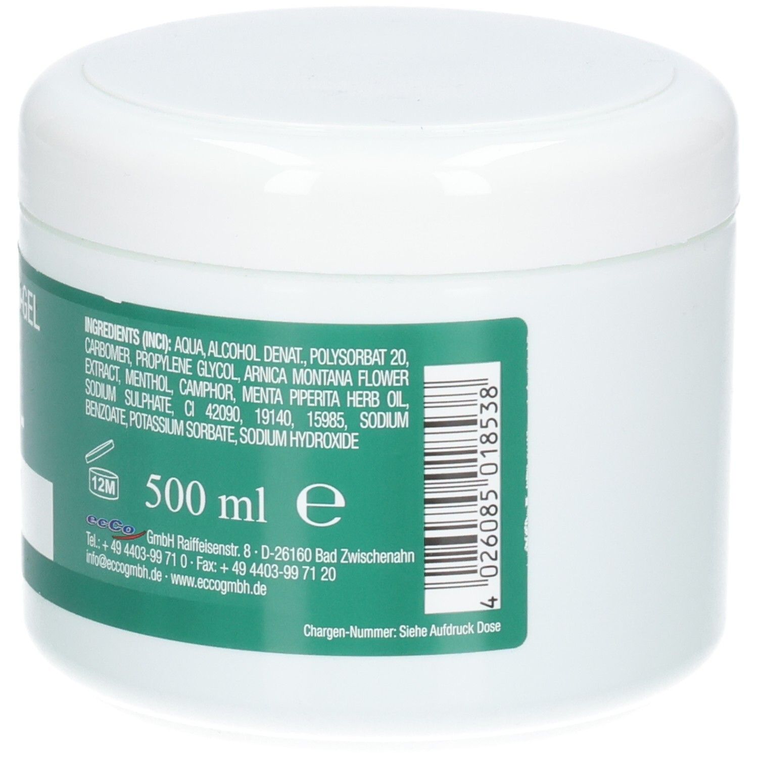 Weiße Dose mit grünem Etikett, 500 ml Inhalt, mit Zutatenliste und Barcode.