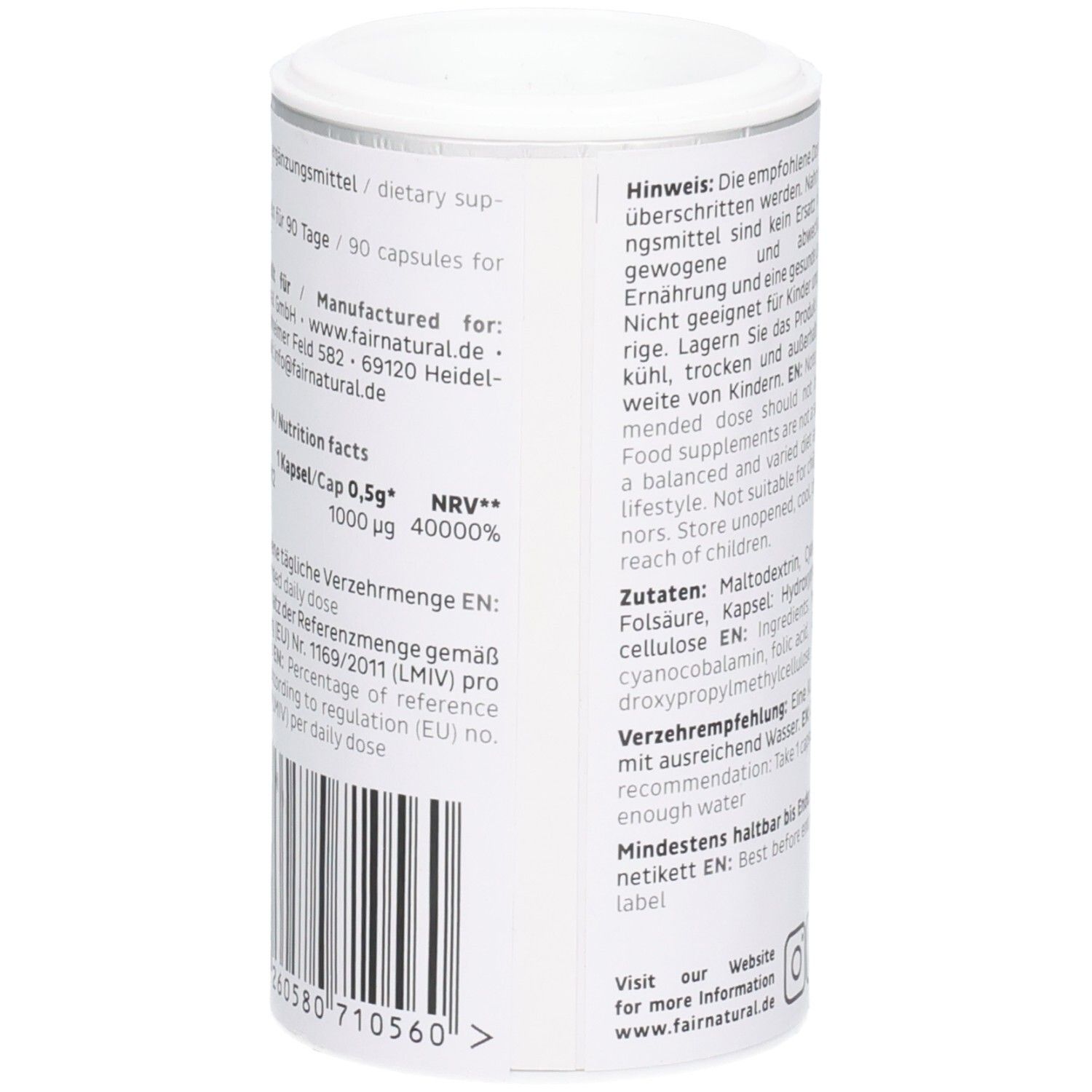 Zylindrische Dose mit Text. Enthält Nährwertangaben, Herstellerinformationen und Barcode. FAIRNATURAL-Logo.