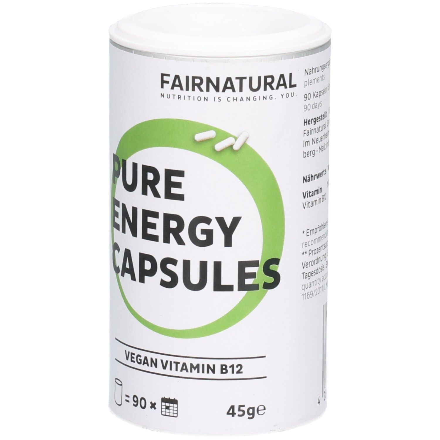 Zylindrische Dose mit FAIRNATURAL-Logo. Aufschrift: PURE ENERGY CAPSULES, VEGAN VITAMIN B12. Enthält 90 Kapseln, 45g.