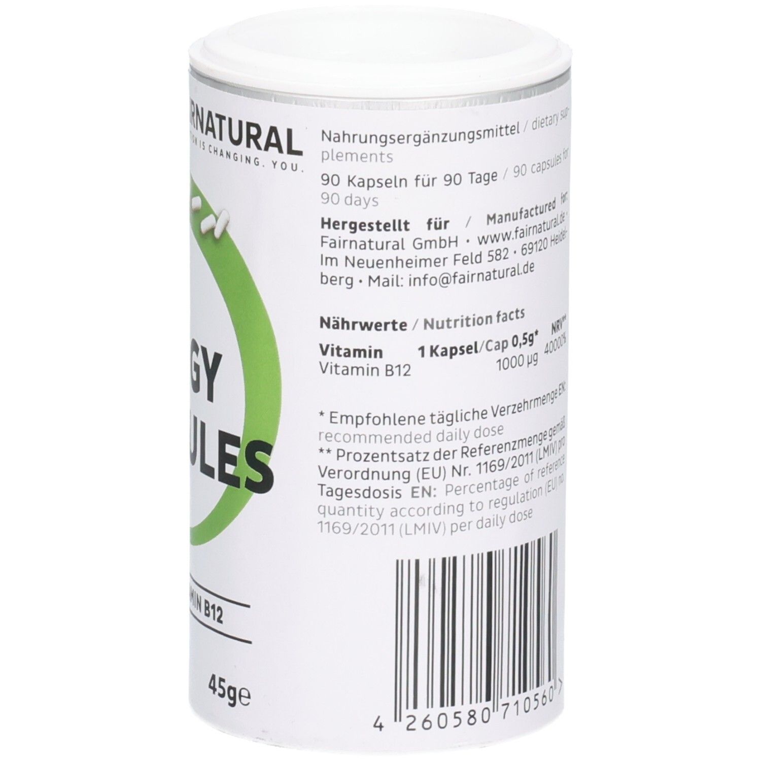 Zylindrische Dose mit Text. Enthält Nährwertangaben, Herstellerinformationen und Barcode. FAIRNATURAL-Logo.
