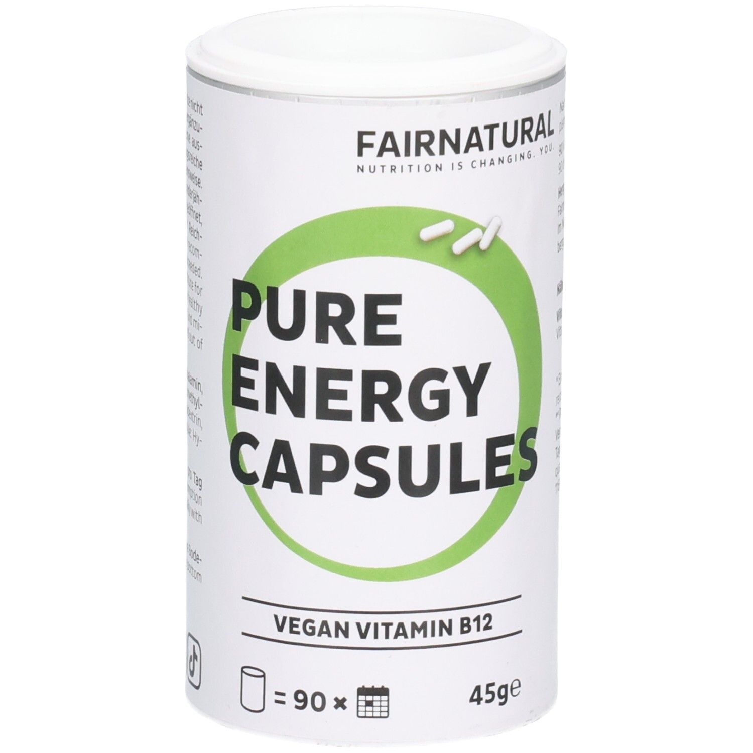 Zylindrische Dose mit FAIRNATURAL-Logo. Aufschrift: PURE ENERGY CAPSULES, VEGAN VITAMIN B12. Enthält 90 Kapseln, 45g.