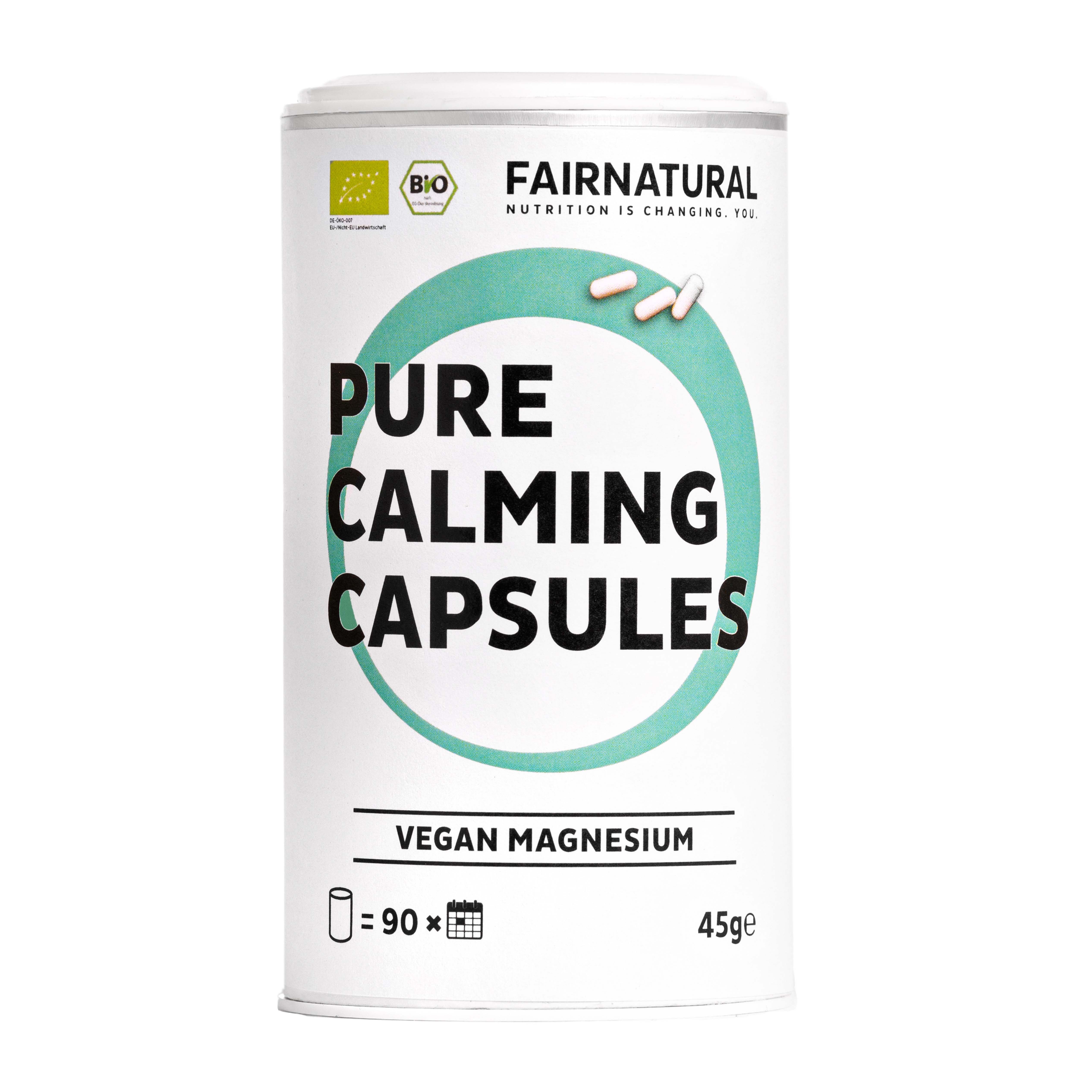 Zylindrische Dose mit Kapseln. Aufschrift: Pure Calming Capsules, Vegan Magnesium. Bio-Siegel.