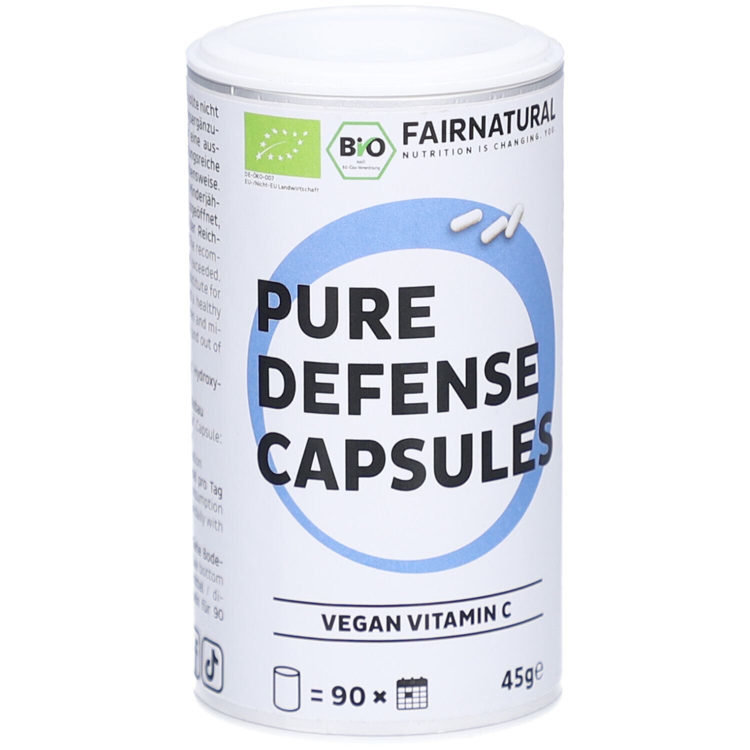 Weiße Dose mit Deckel. Aufschrift: PURE DEFENSE CAPSULES, VEGAN VITAMIN C. Bio-Siegel. 90 Kapseln.