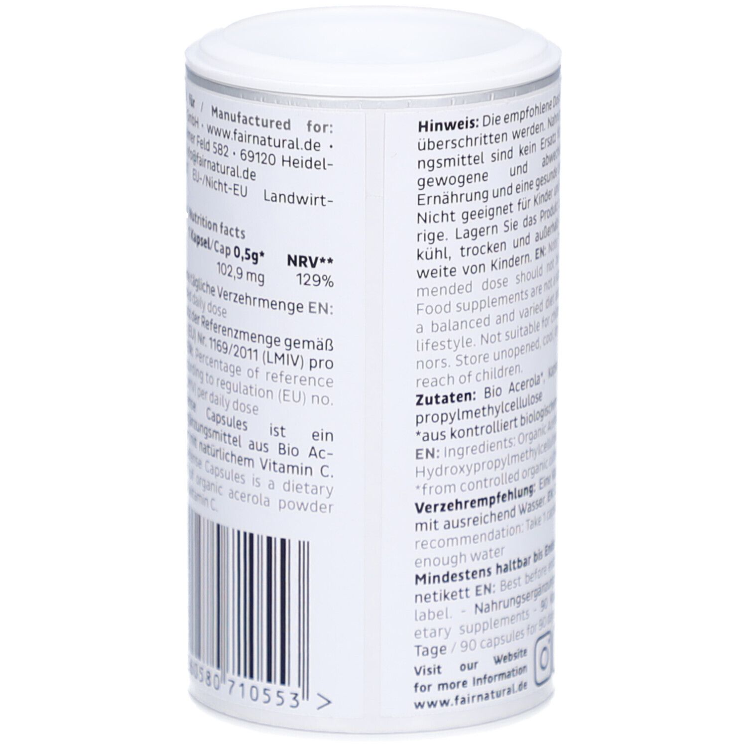 Weiße Dose mit Text. Herstellerinformationen, Nährwertangaben. Text in Deutsch und Englisch. Bio-Siegel.